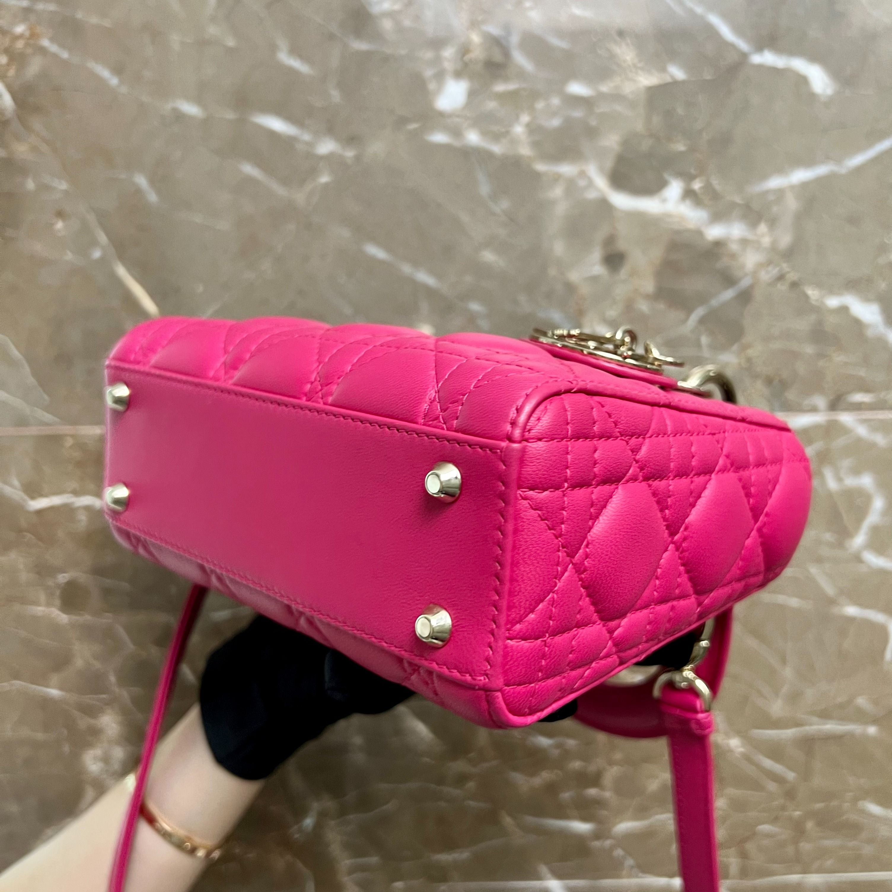 Dior Lady Mini Lambskin Adjustable Strap Hot Pink GHW - Luxury Evermore