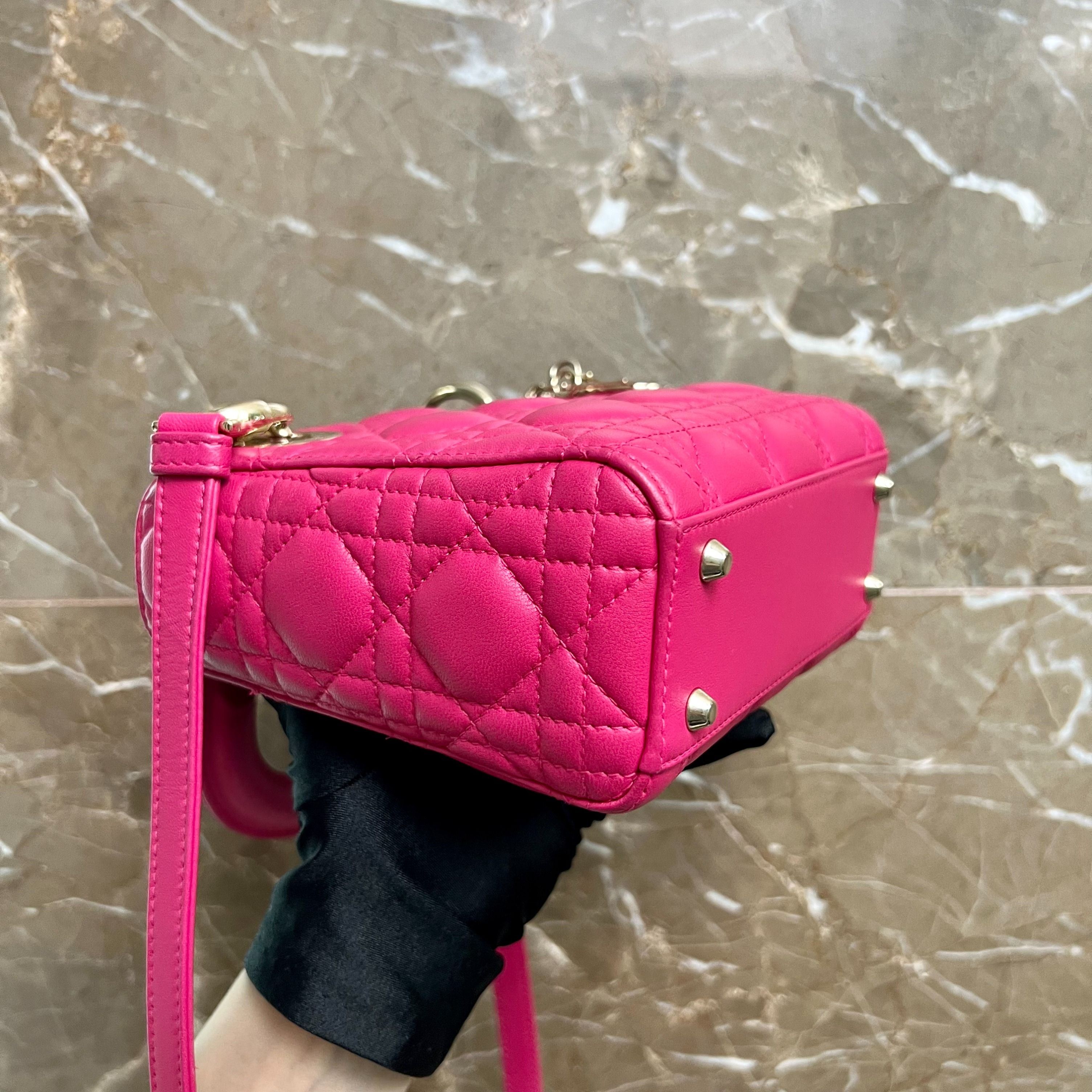 Dior Lady Mini Lambskin Adjustable Strap Hot Pink GHW - Luxury Evermore