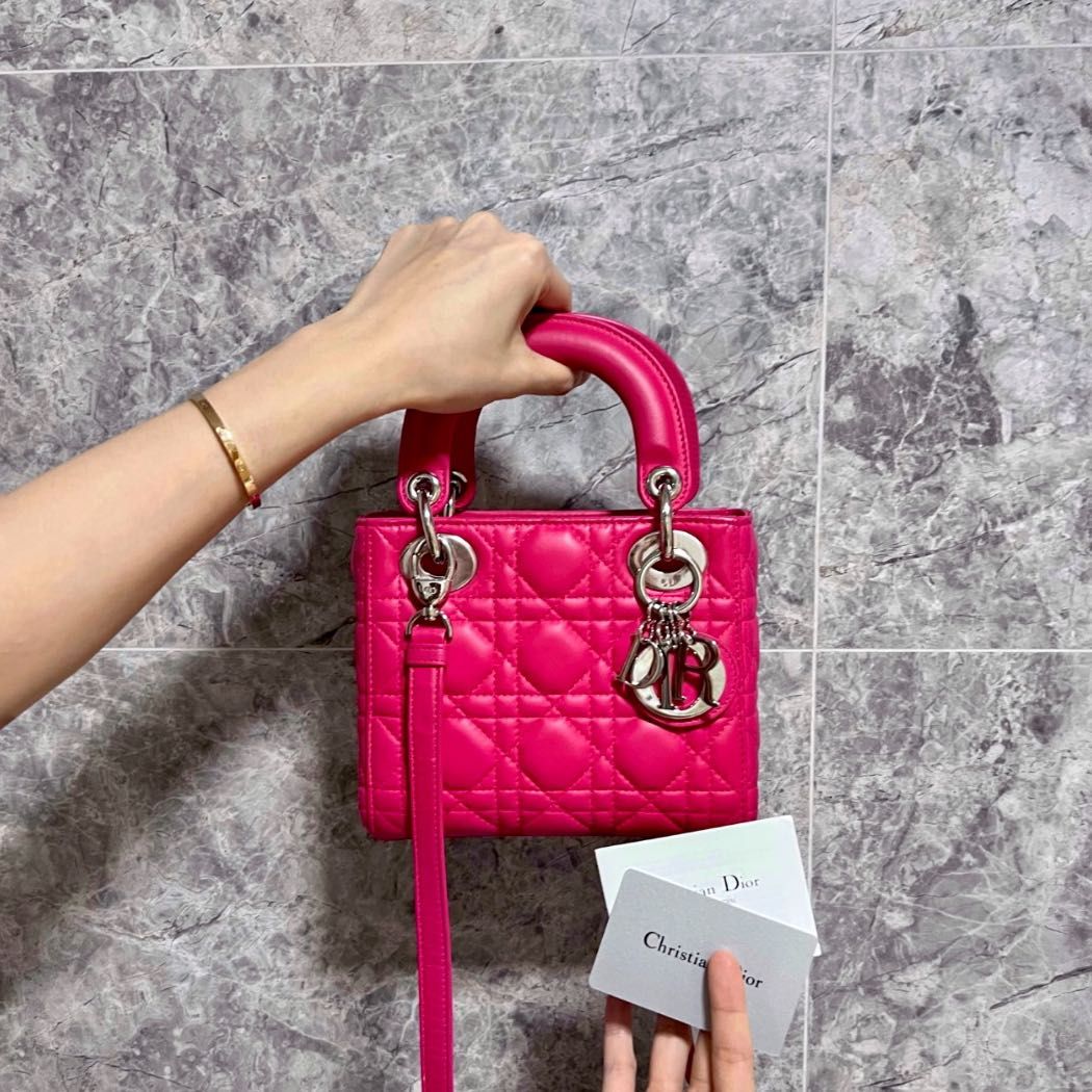 Dior Lady Mini Lambskin Adjustable Strap Hot Pink SHW - Luxury Evermore