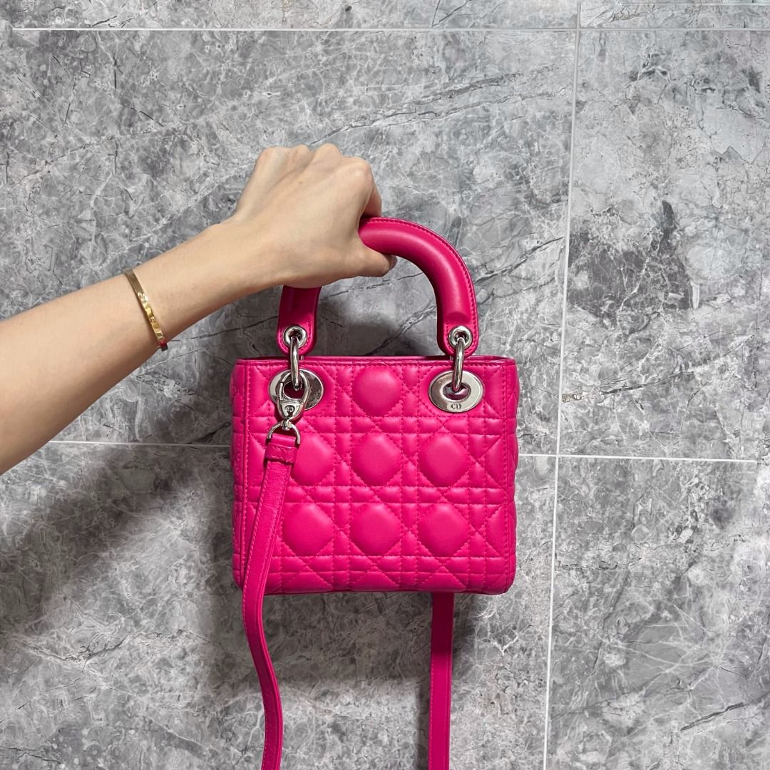 Dior Lady Mini Lambskin Adjustable Strap Hot Pink SHW - Luxury Evermore