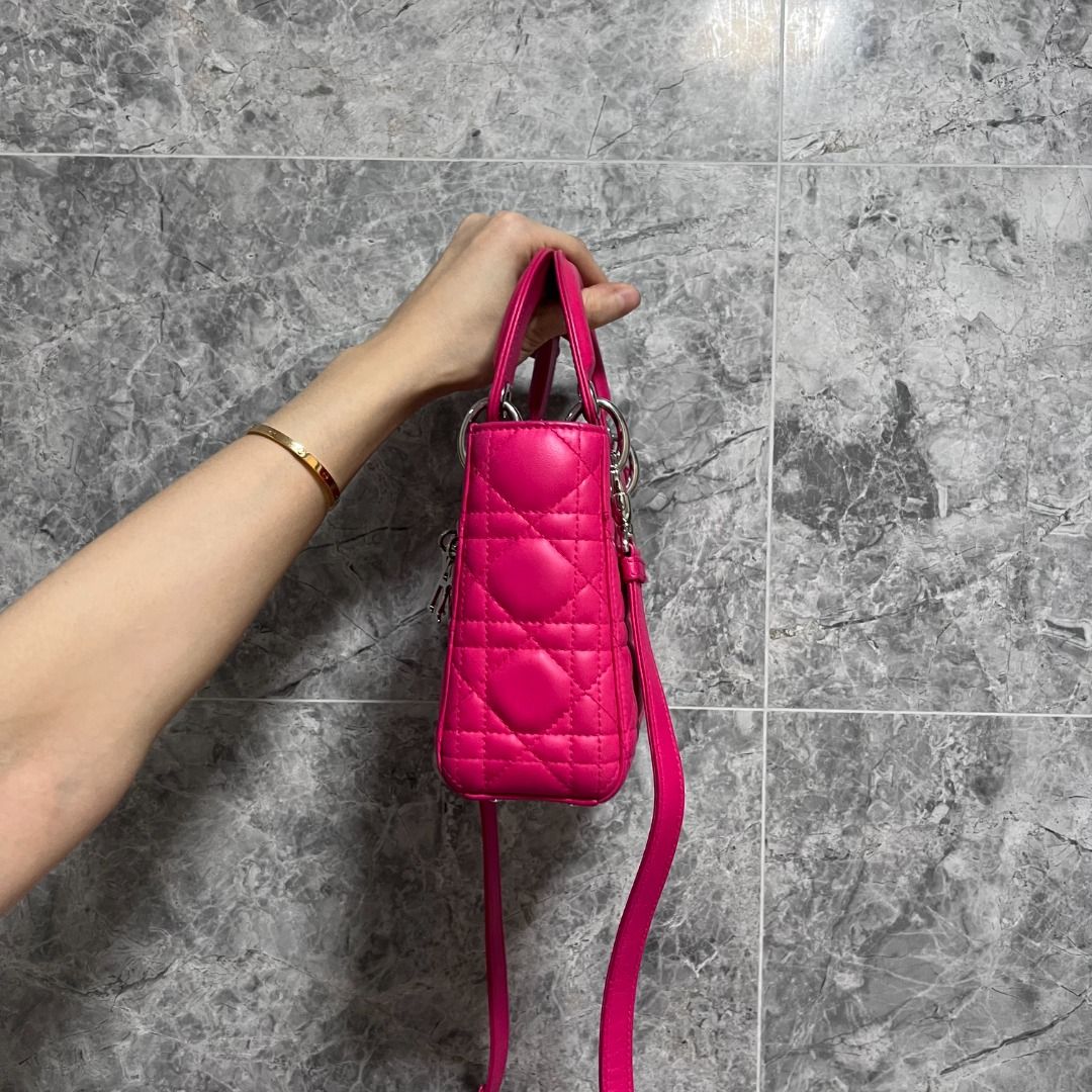 Dior Lady Mini Lambskin Adjustable Strap Hot Pink SHW - Luxury Evermore