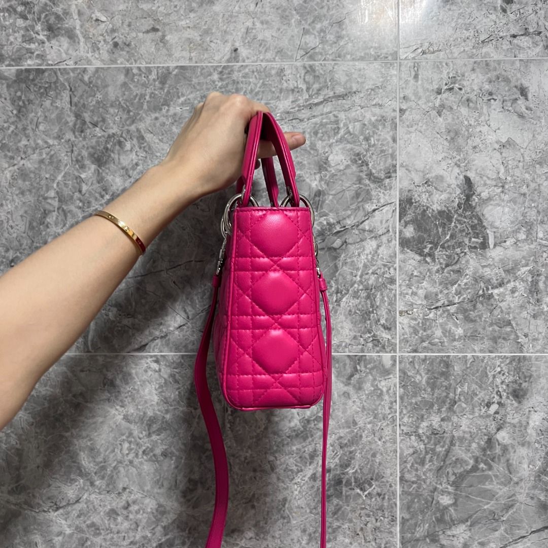 Dior Lady Mini Lambskin Adjustable Strap Hot Pink SHW - Luxury Evermore