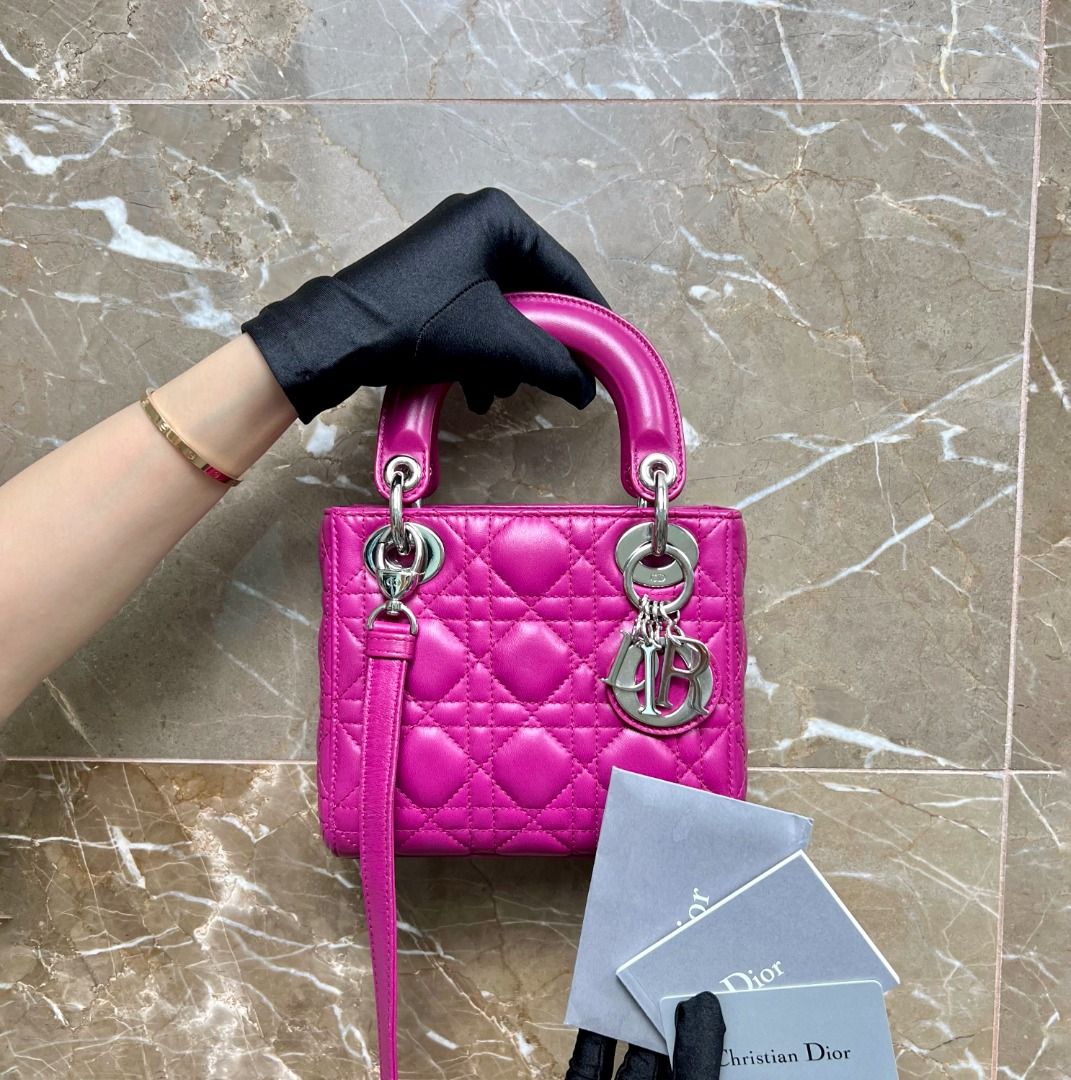 Dior Lady Mini Lambskin Hot Pink SHW - Luxury Evermore