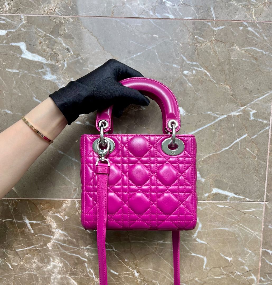 Dior Lady Mini Lambskin Hot Pink SHW - Luxury Evermore