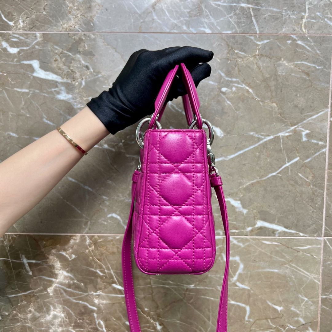 Dior Lady Mini Lambskin Hot Pink SHW - Luxury Evermore