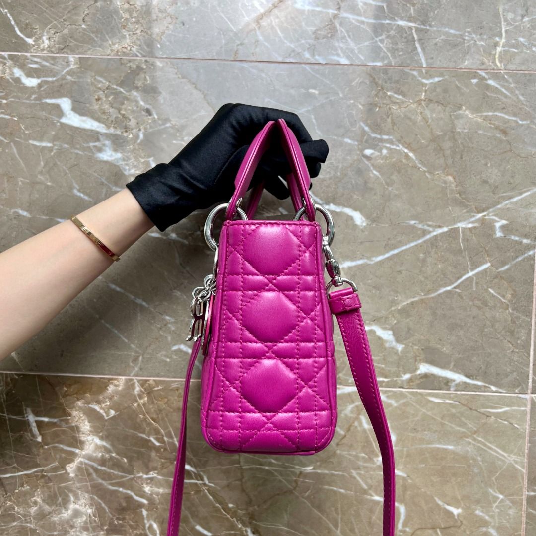 Dior Lady Mini Lambskin Hot Pink SHW - Luxury Evermore