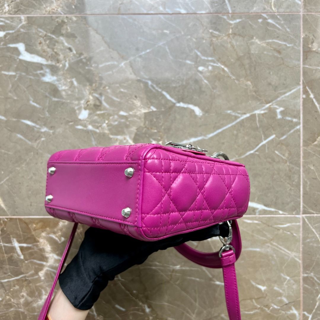 Dior Lady Mini Lambskin Hot Pink SHW - Luxury Evermore