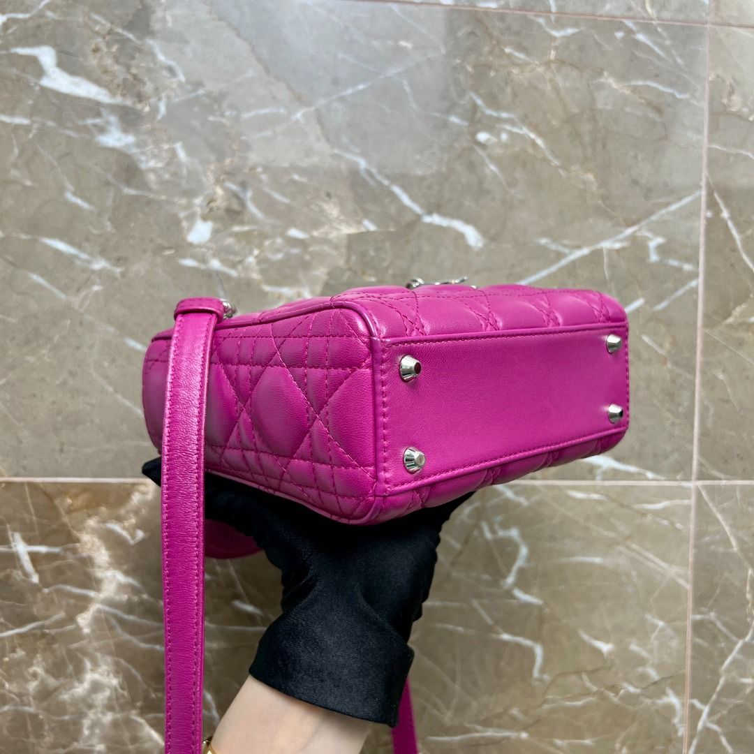 Dior Lady Mini Lambskin Hot Pink SHW - Luxury Evermore