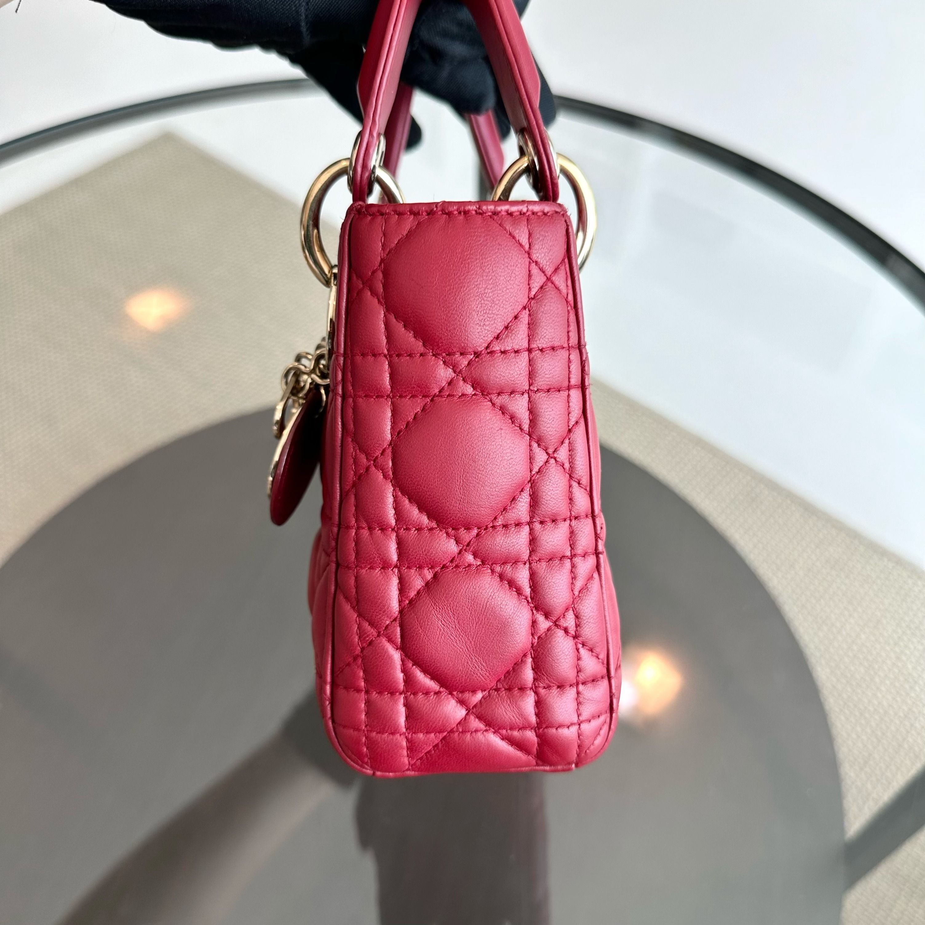 Dior Lady Mini Lambskin Red Chain Strap GHW - Luxury Evermore