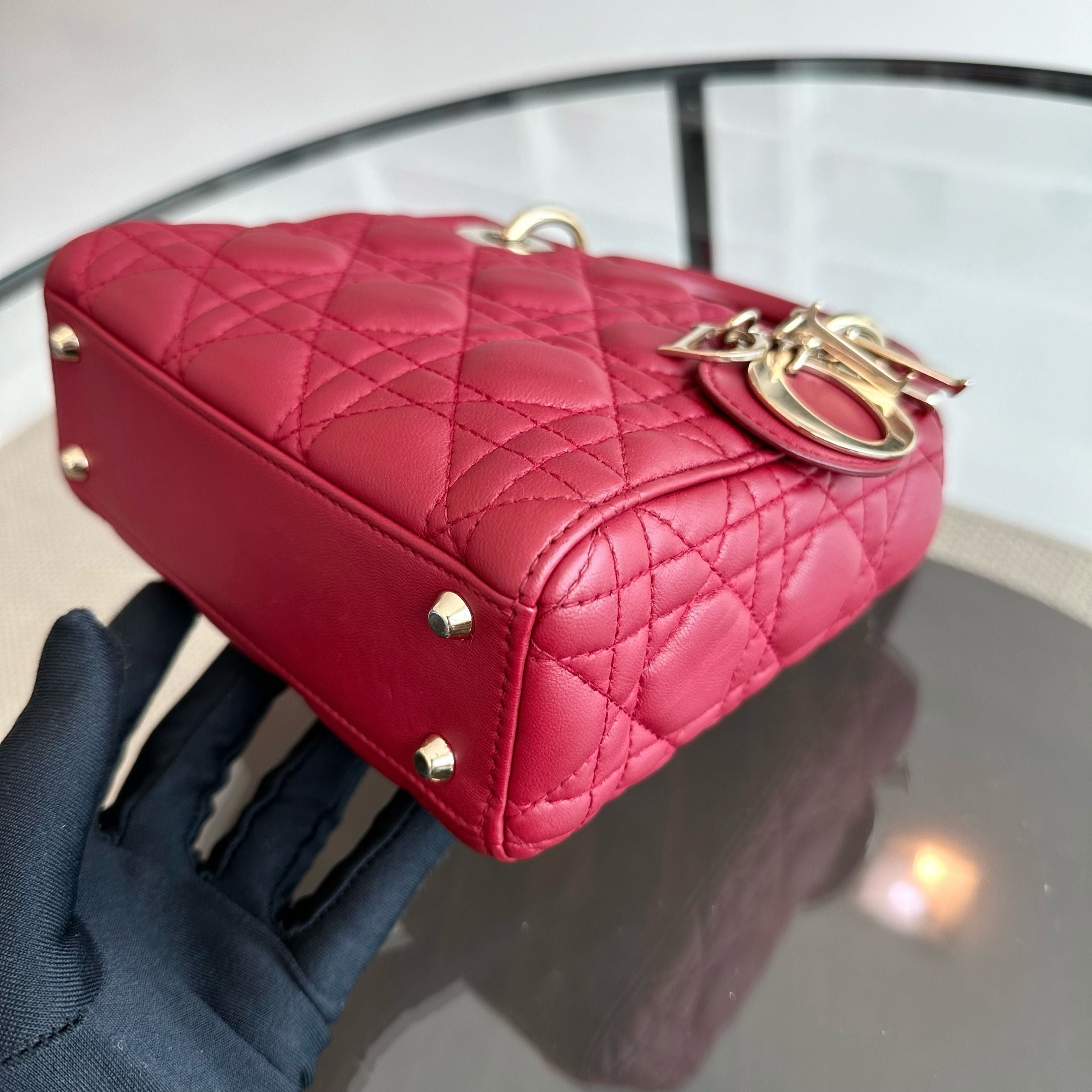 Dior Lady Mini Lambskin Red Chain Strap GHW - Luxury Evermore