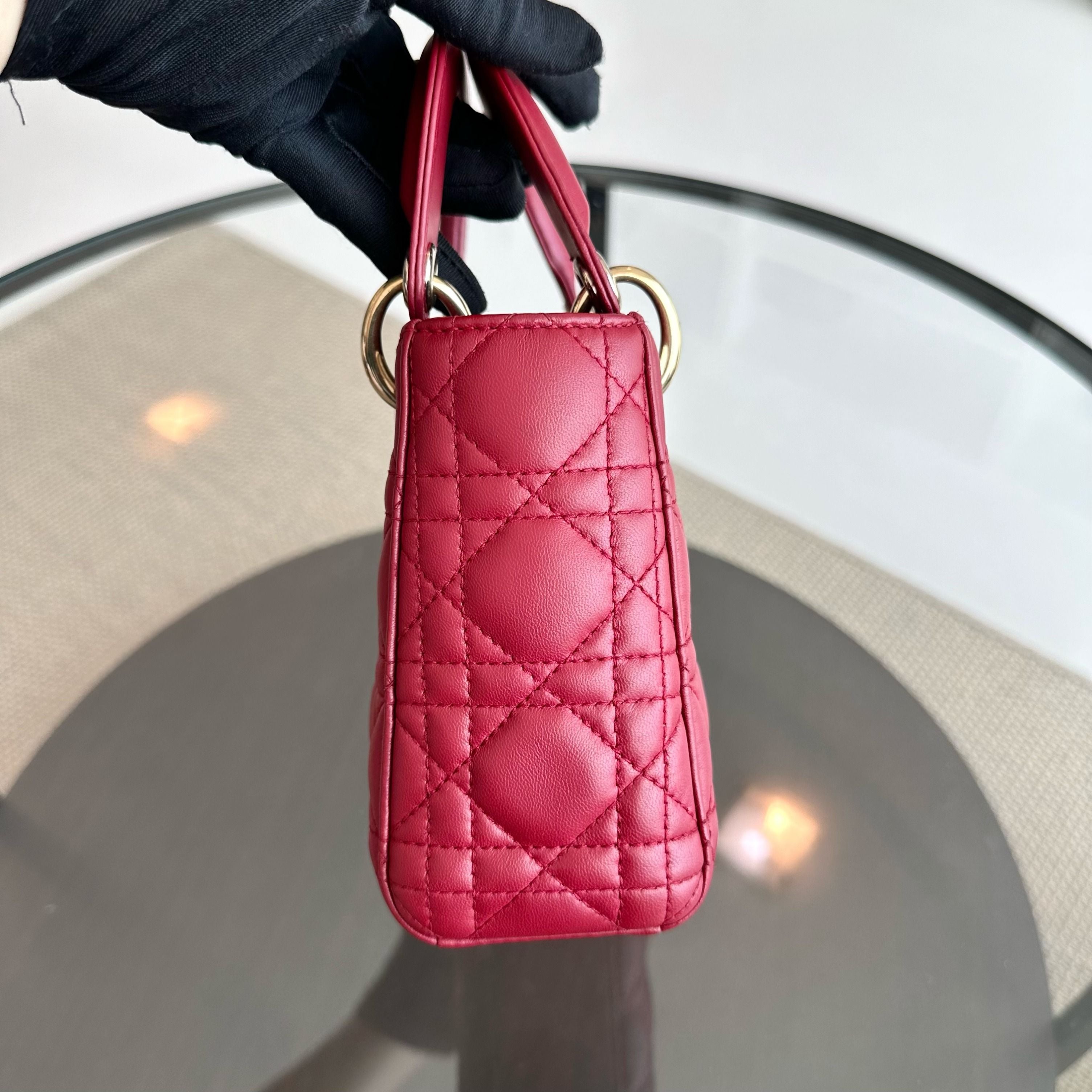 Dior Lady Mini Lambskin Red Chain Strap GHW - Luxury Evermore