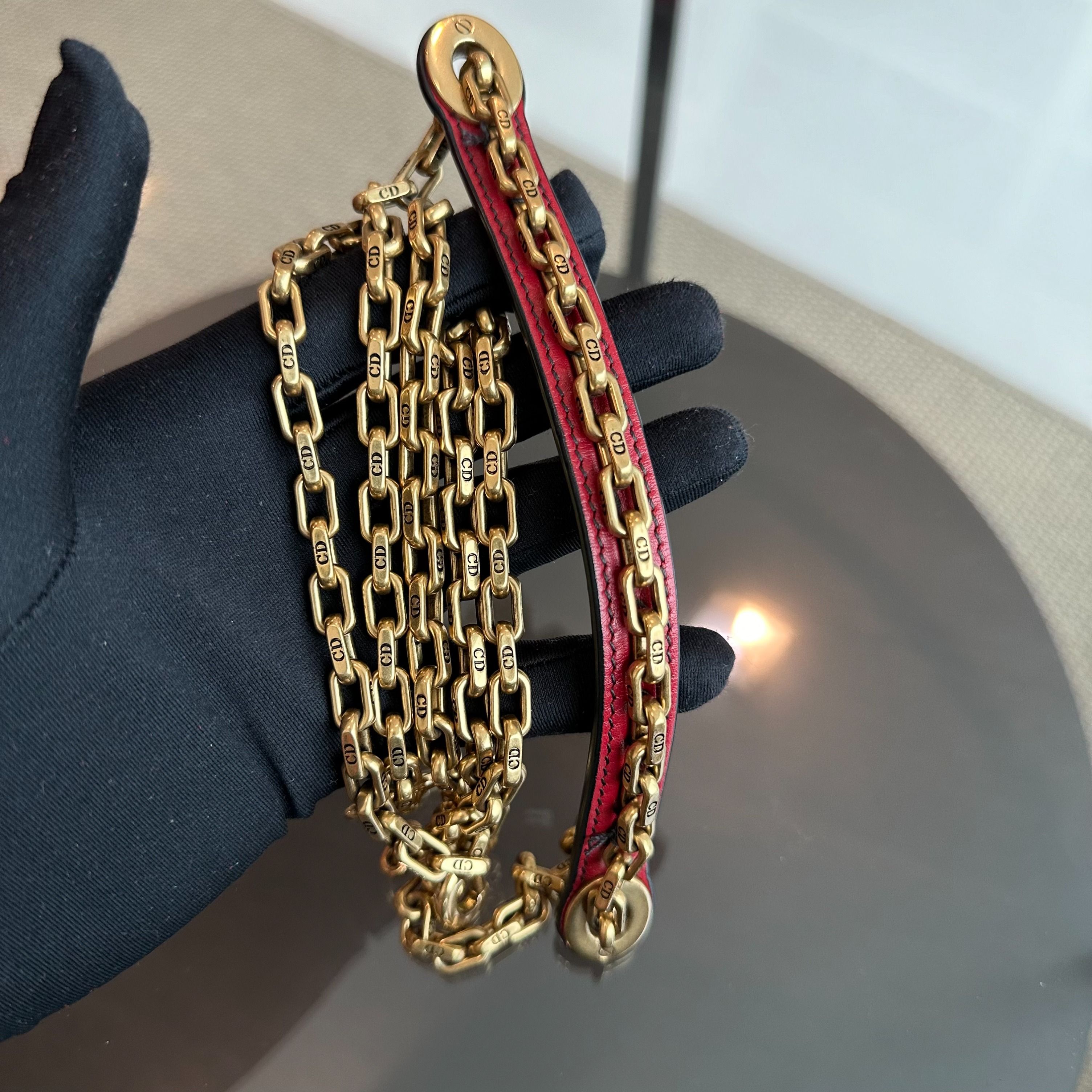 Dior Lady Mini Lambskin Studded Chain Strap Red GHW - Luxury Evermore