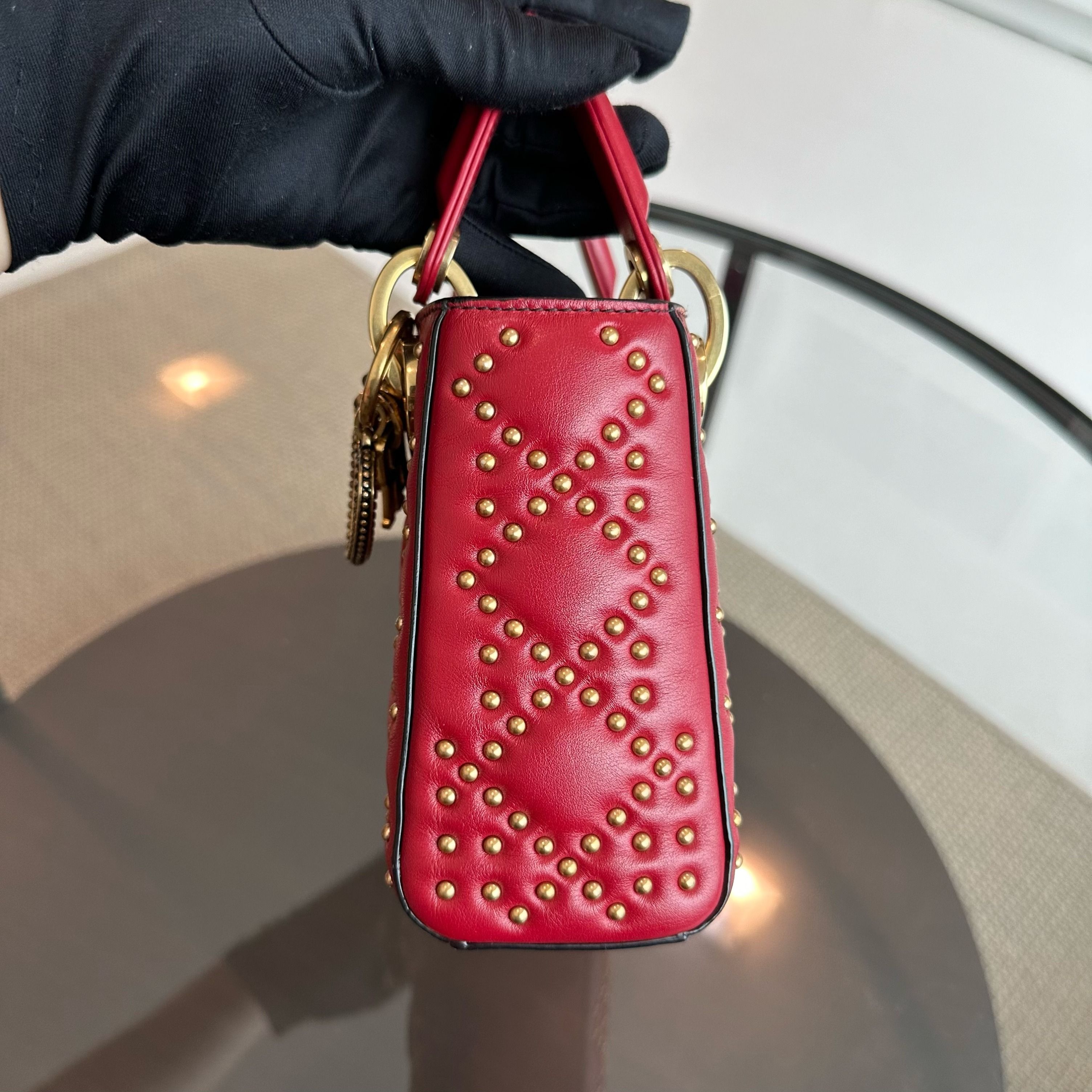 Dior Lady Mini Lambskin Studded Chain Strap Red GHW - Luxury Evermore