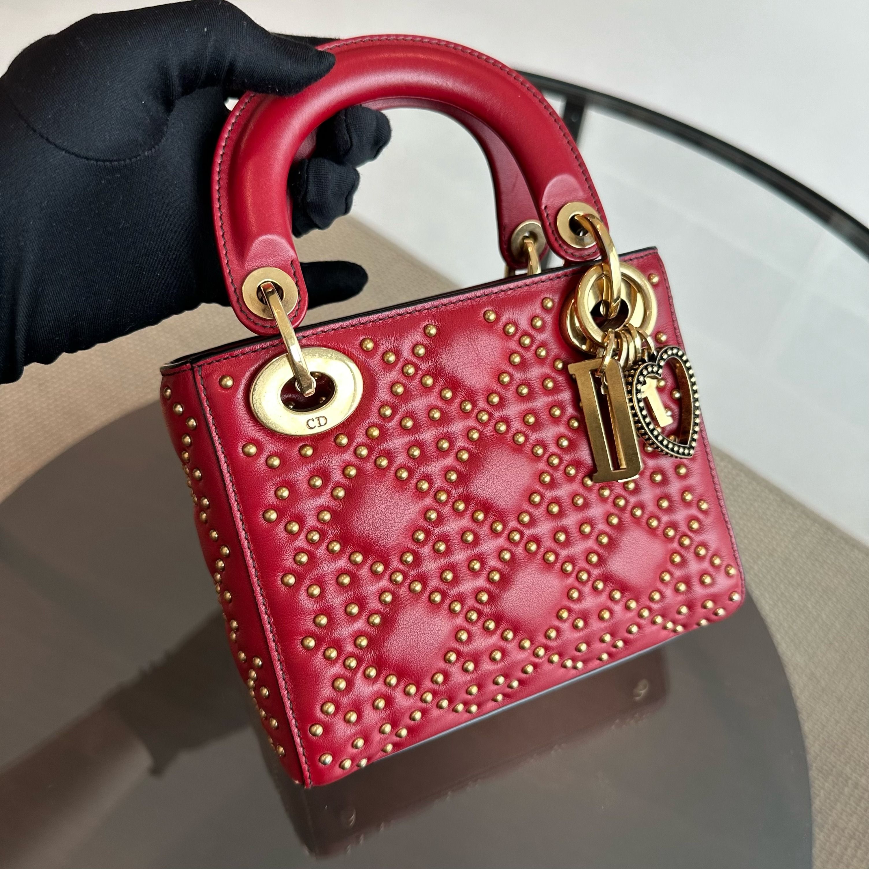 Dior Lady Mini Lambskin Studded Chain Strap Red GHW - Luxury Evermore