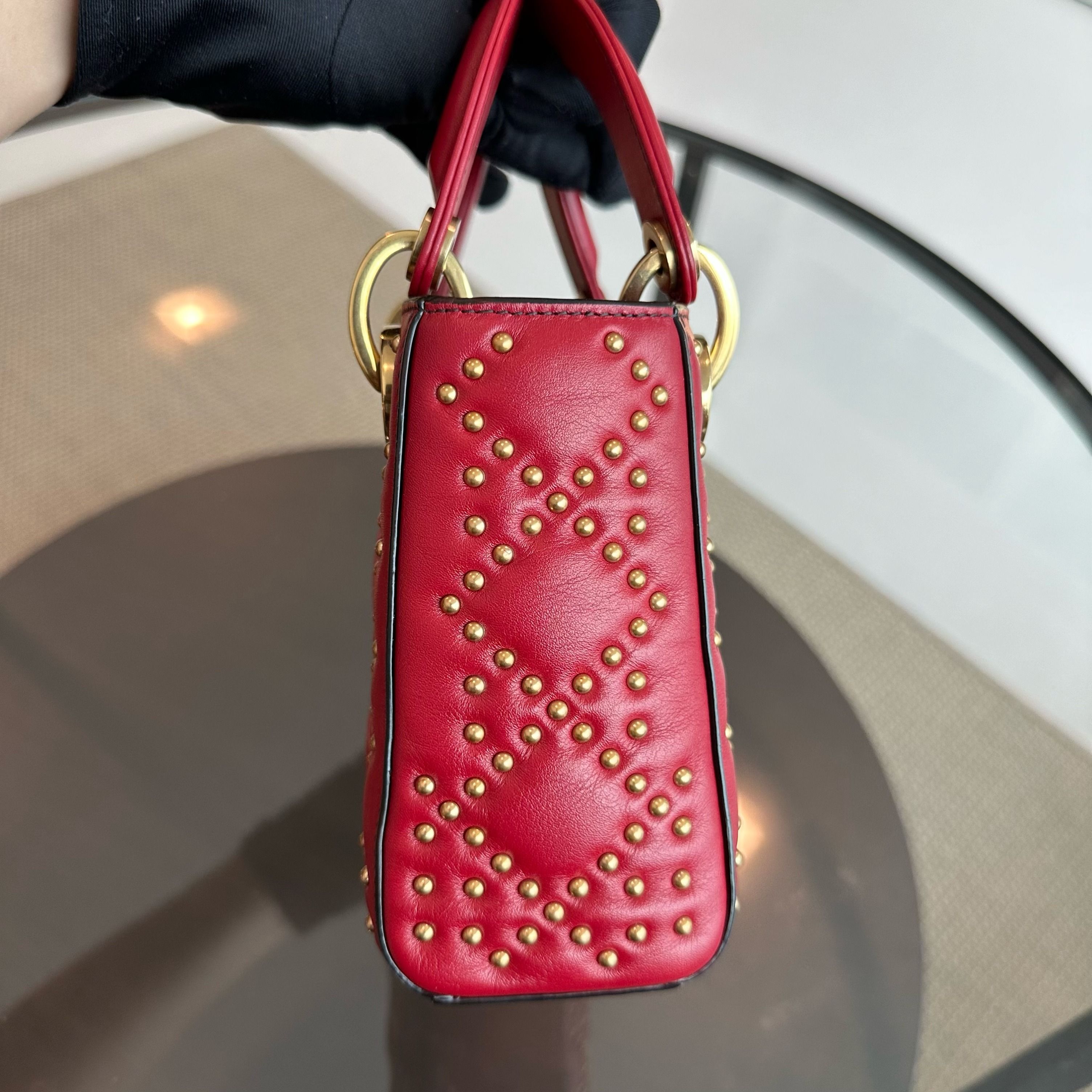 Dior Lady Mini Lambskin Studded Chain Strap Red GHW - Luxury Evermore