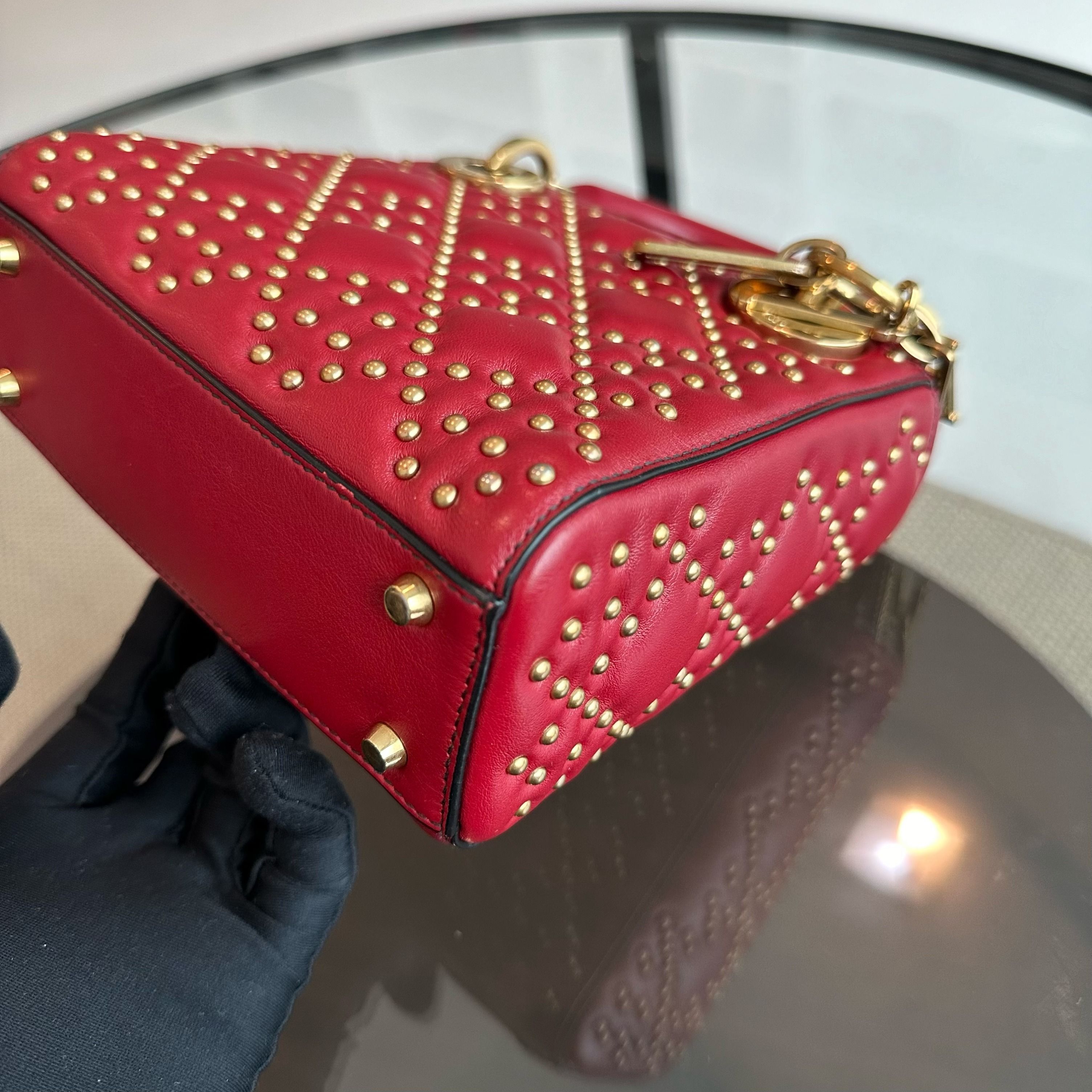 Dior Lady Mini Lambskin Studded Chain Strap Red GHW - Luxury Evermore