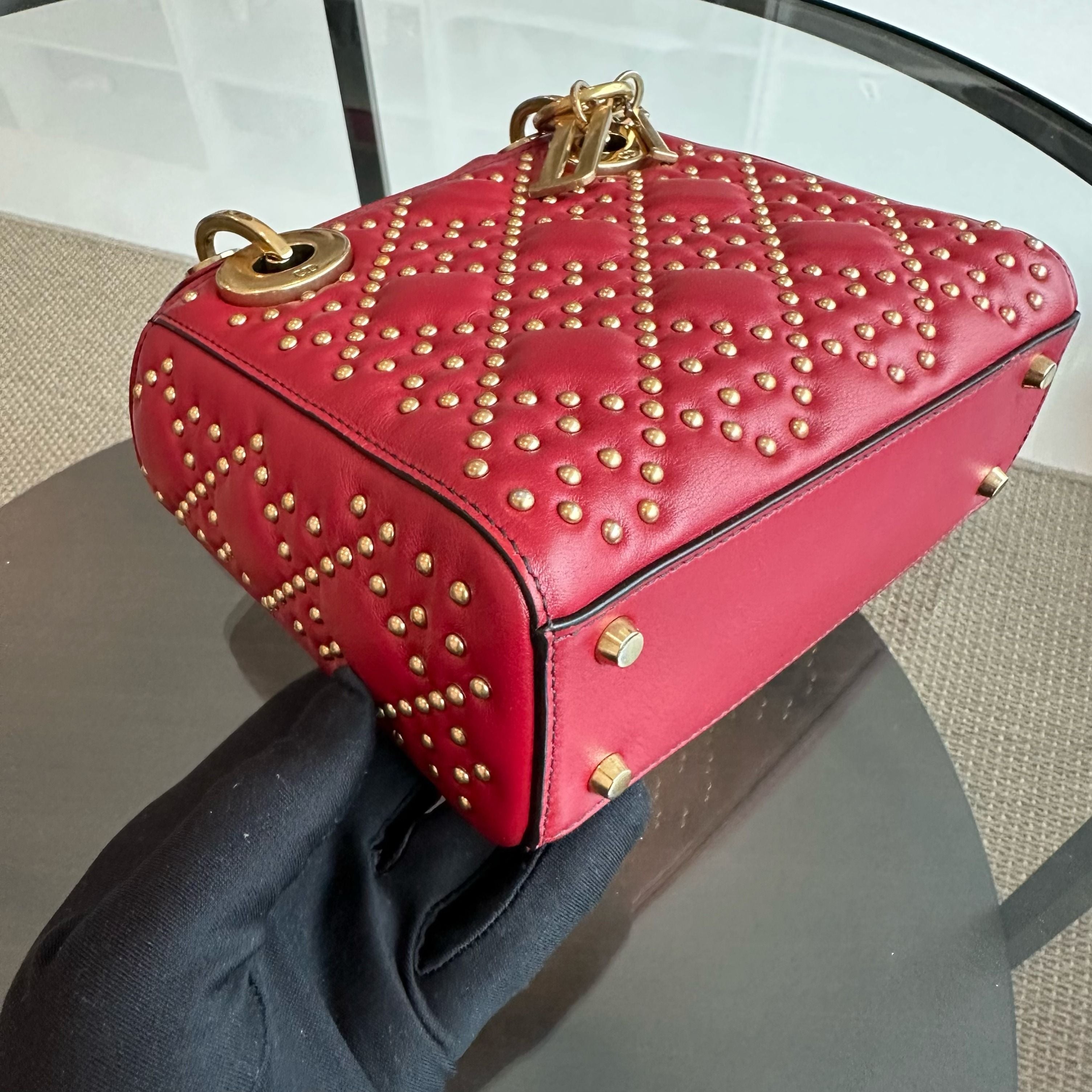 Dior Lady Mini Lambskin Studded Chain Strap Red GHW - Luxury Evermore