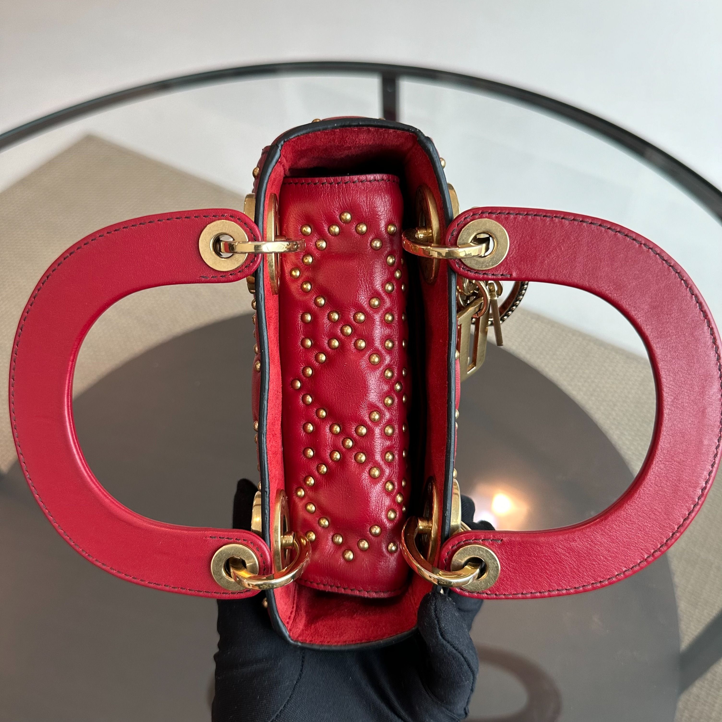 Dior Lady Mini Lambskin Studded Chain Strap Red GHW - Luxury Evermore