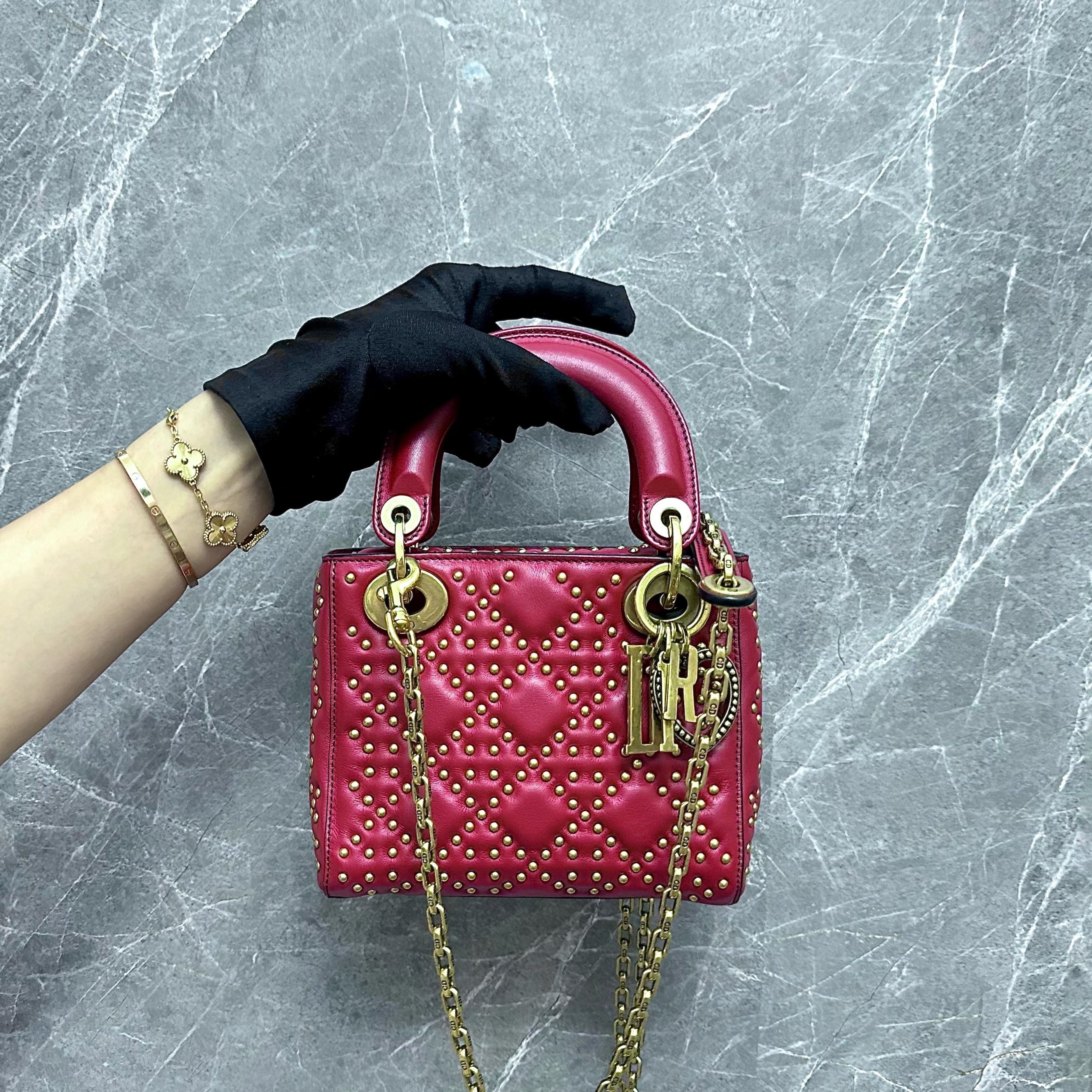 Dior Lady Mini Lambskin Studded Red GHW - Luxury Evermore