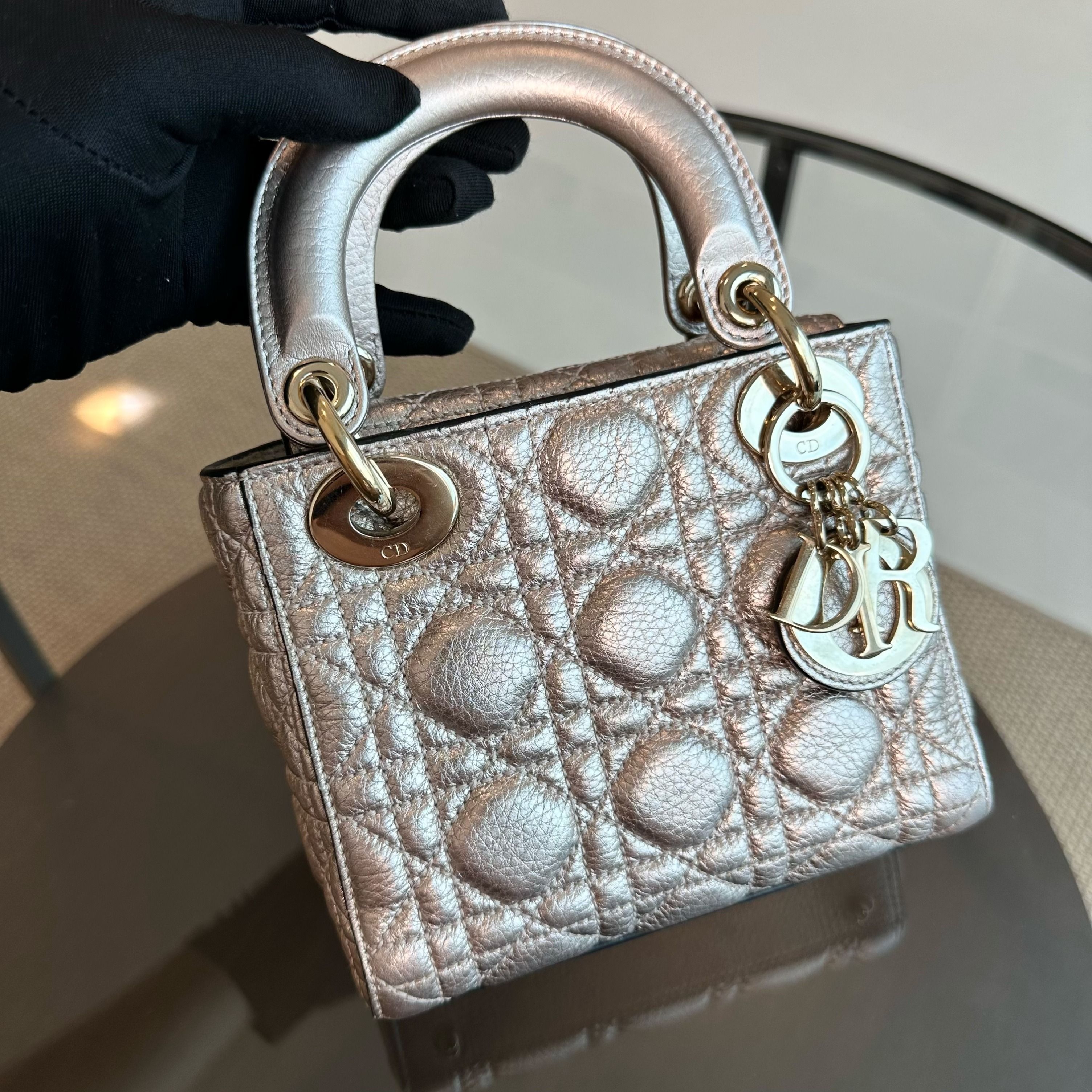 Dior Lady Mini Metallic Calfskin Rose Gold GHW - Luxury Evermore