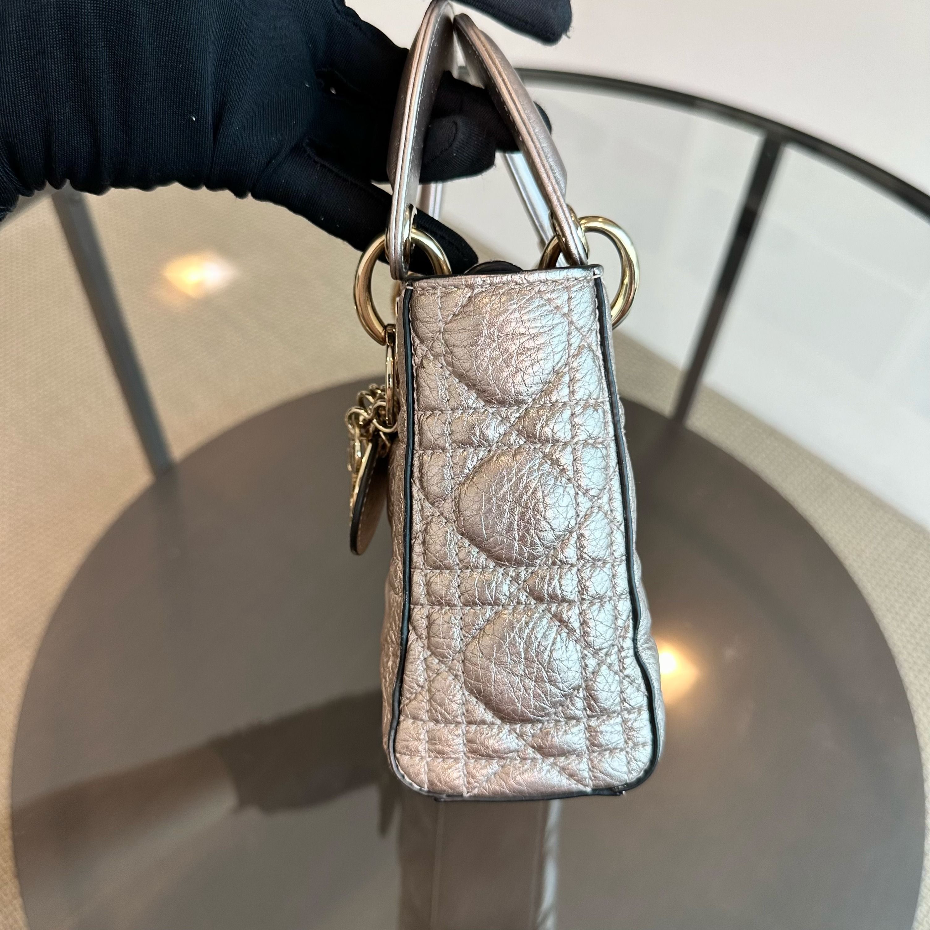 Dior Lady Mini Metallic Calfskin Rose Gold GHW - Luxury Evermore