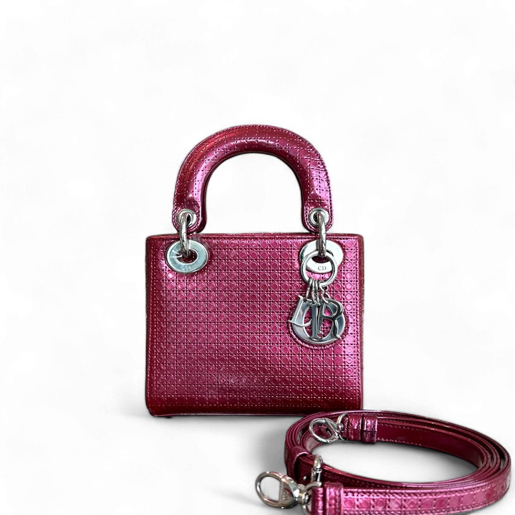 Dior Lady Mini - Micro-Cannage Dark Pink Silver Hardware Adjustable Strap