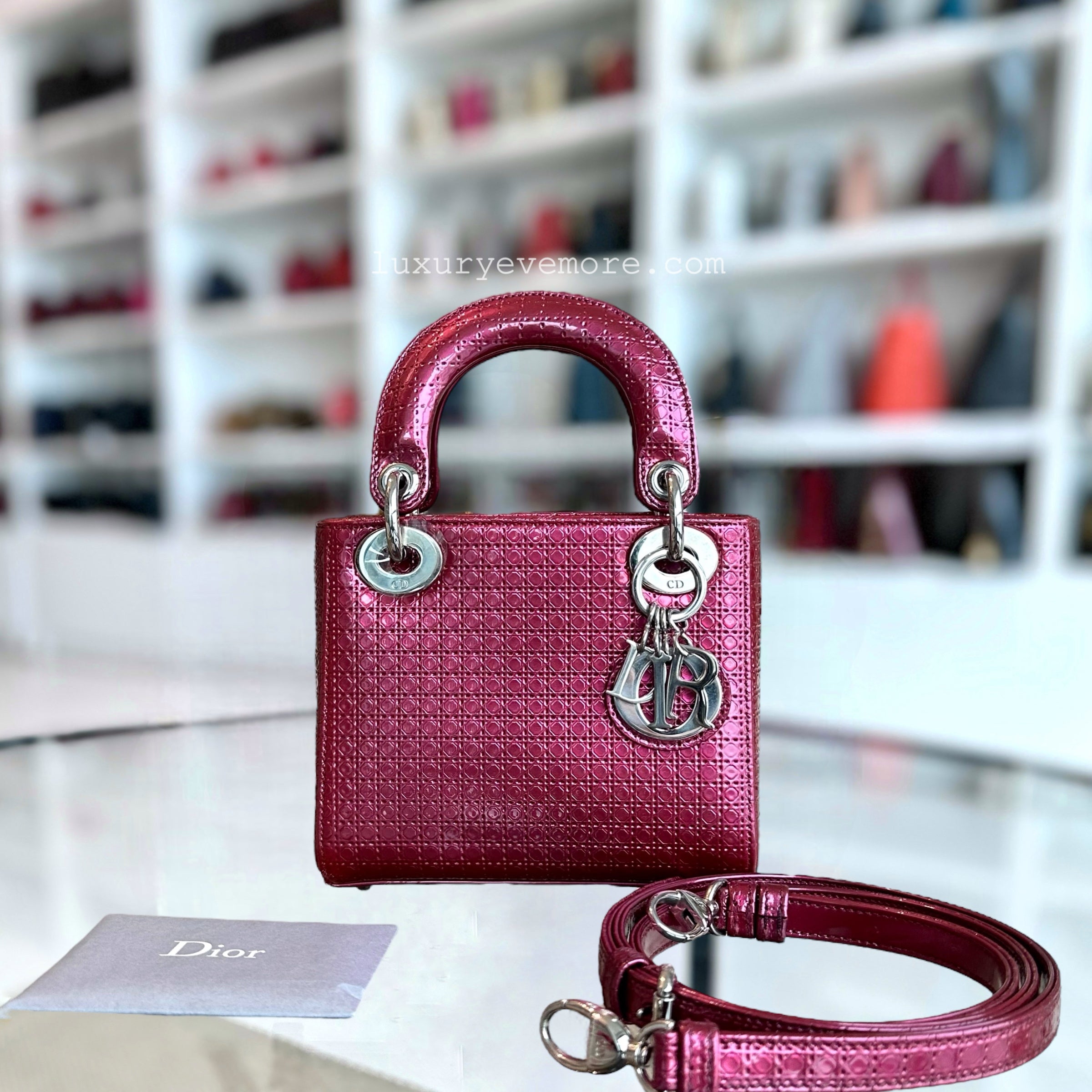 Dior Lady Mini Micro-Cannage Dark Pink Silver Hardware Adjustable Strap - Luxury Evermore