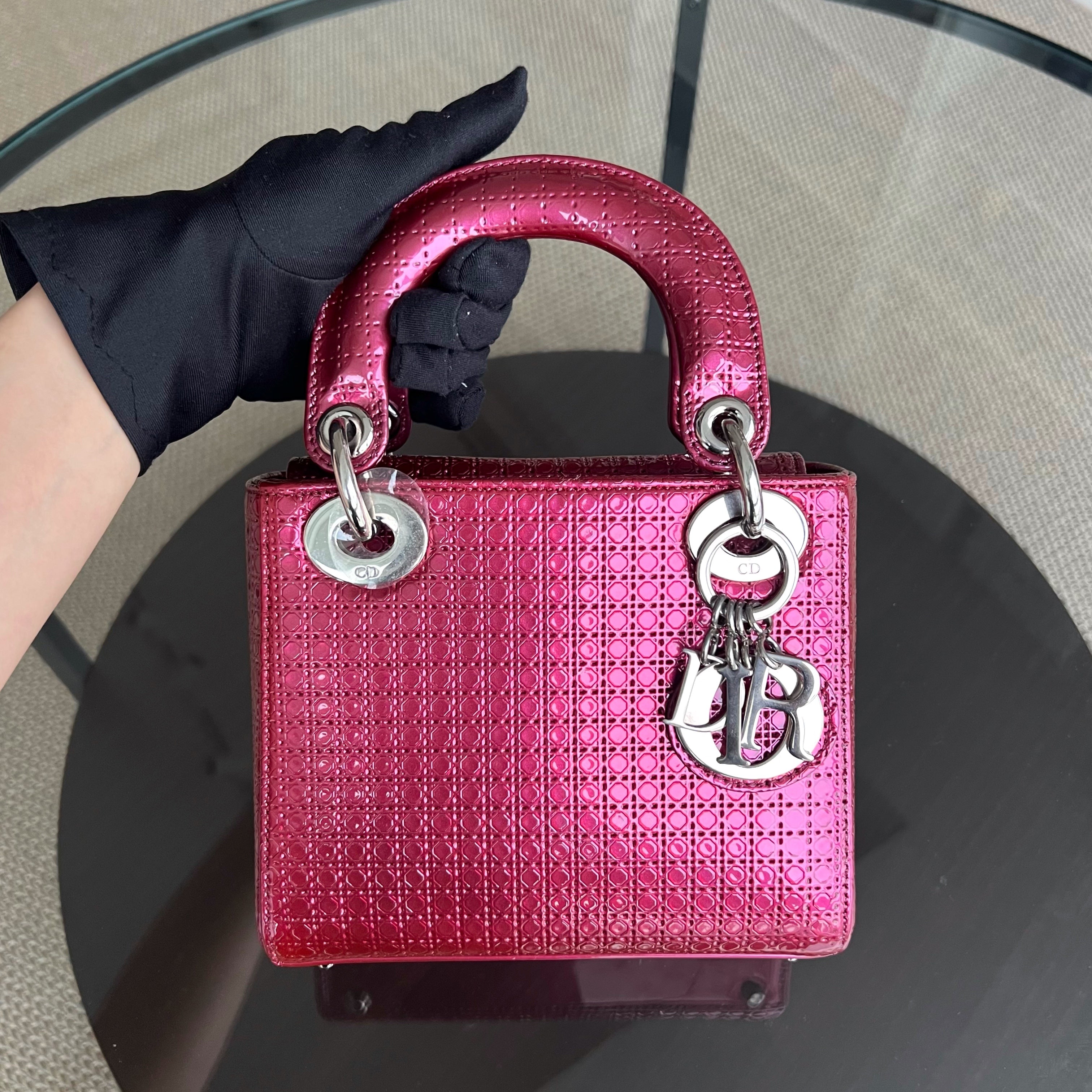 Dior Lady Mini Micro-Cannage Dark Pink Silver Hardware Adjustable Strap - Luxury Evermore