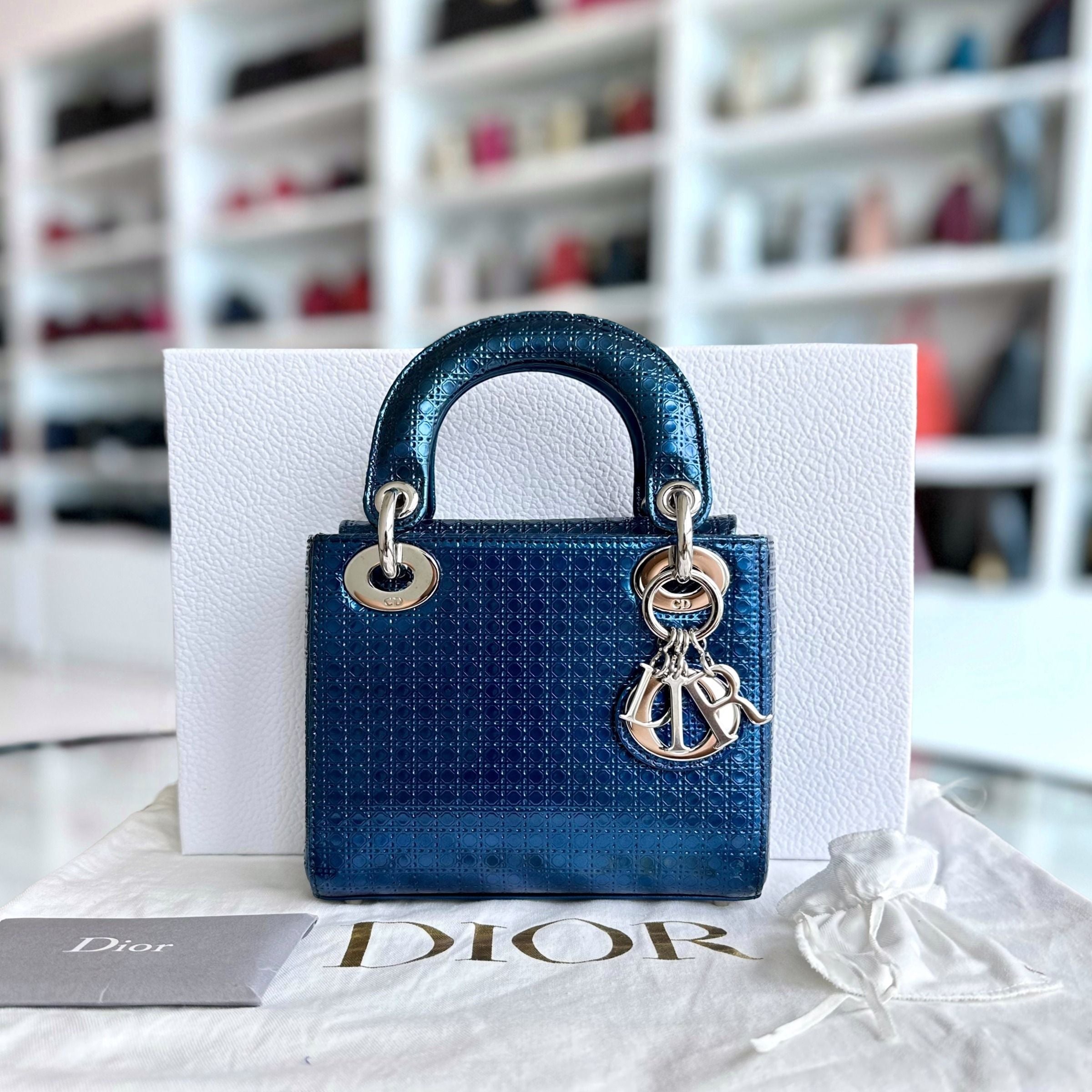 Dior Lady Mini Micro-Cannage Glazed Calfskin Blue SHW - Luxury Evermore