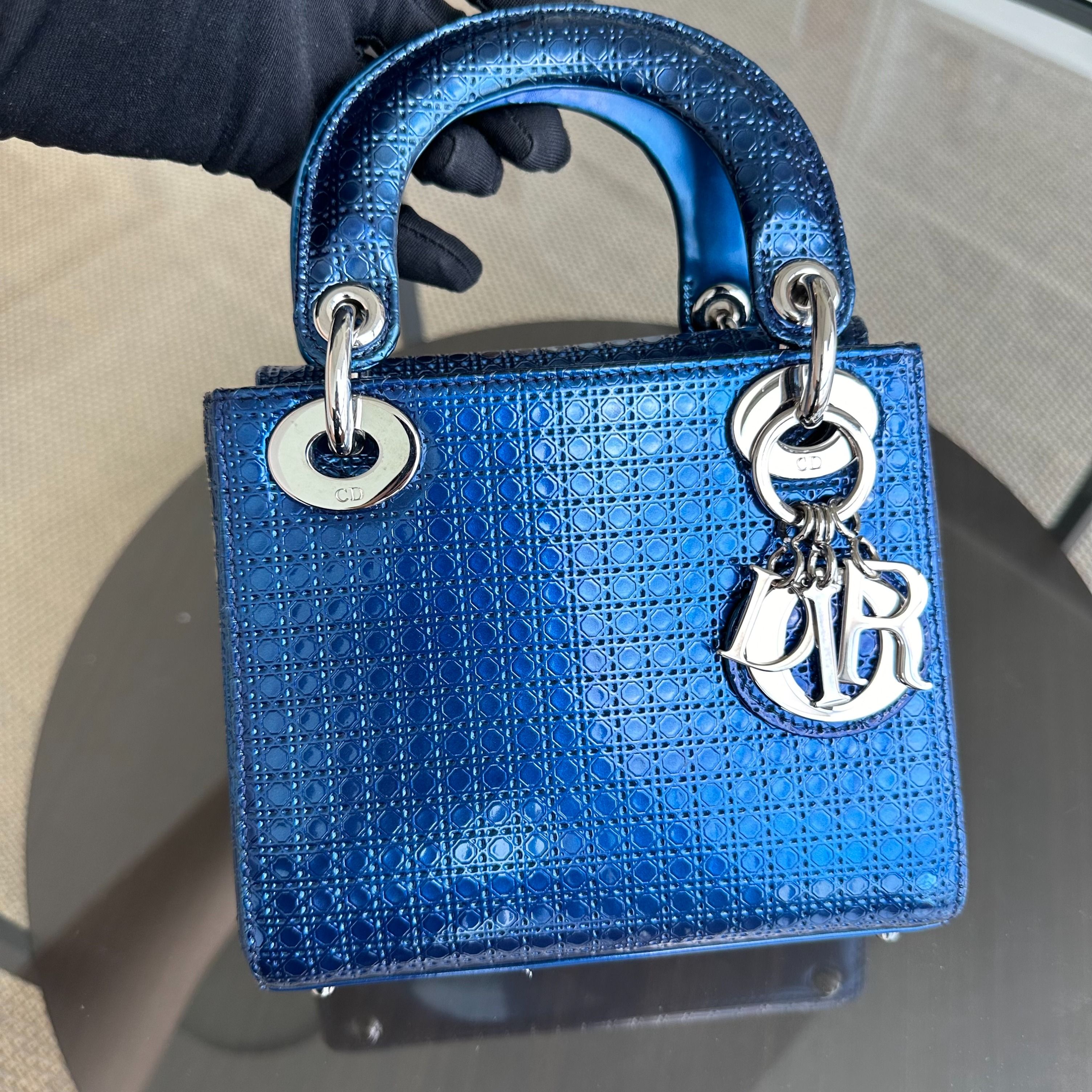 Dior Lady Mini Micro-Cannage Glazed Calfskin Blue SHW - Luxury Evermore