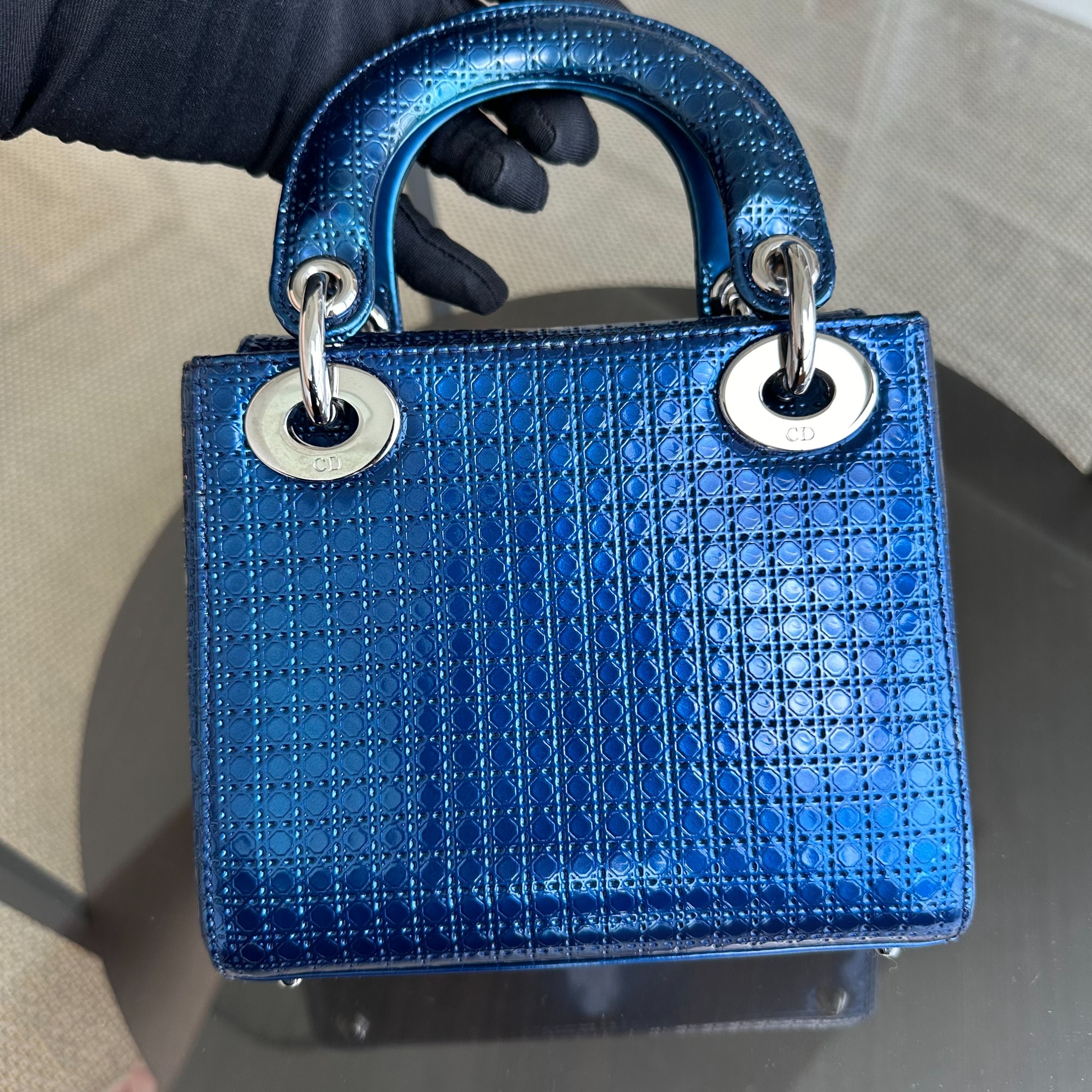 Dior Lady Mini Micro-Cannage Glazed Calfskin Blue SHW - Luxury Evermore