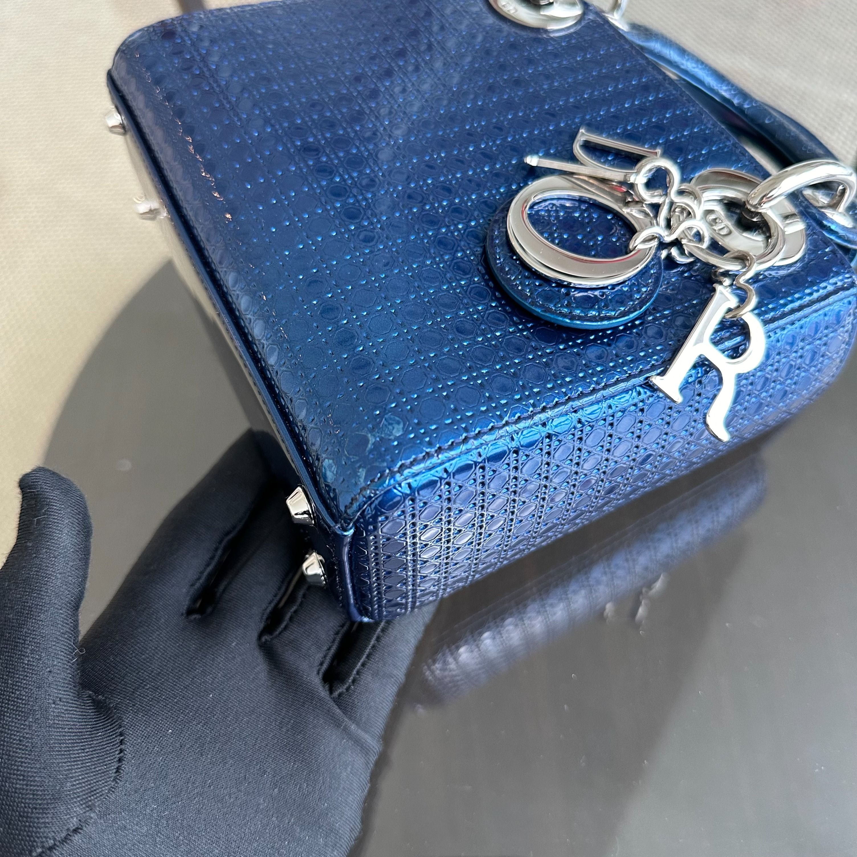 Dior Lady Mini Micro-Cannage Glazed Calfskin Blue SHW - Luxury Evermore