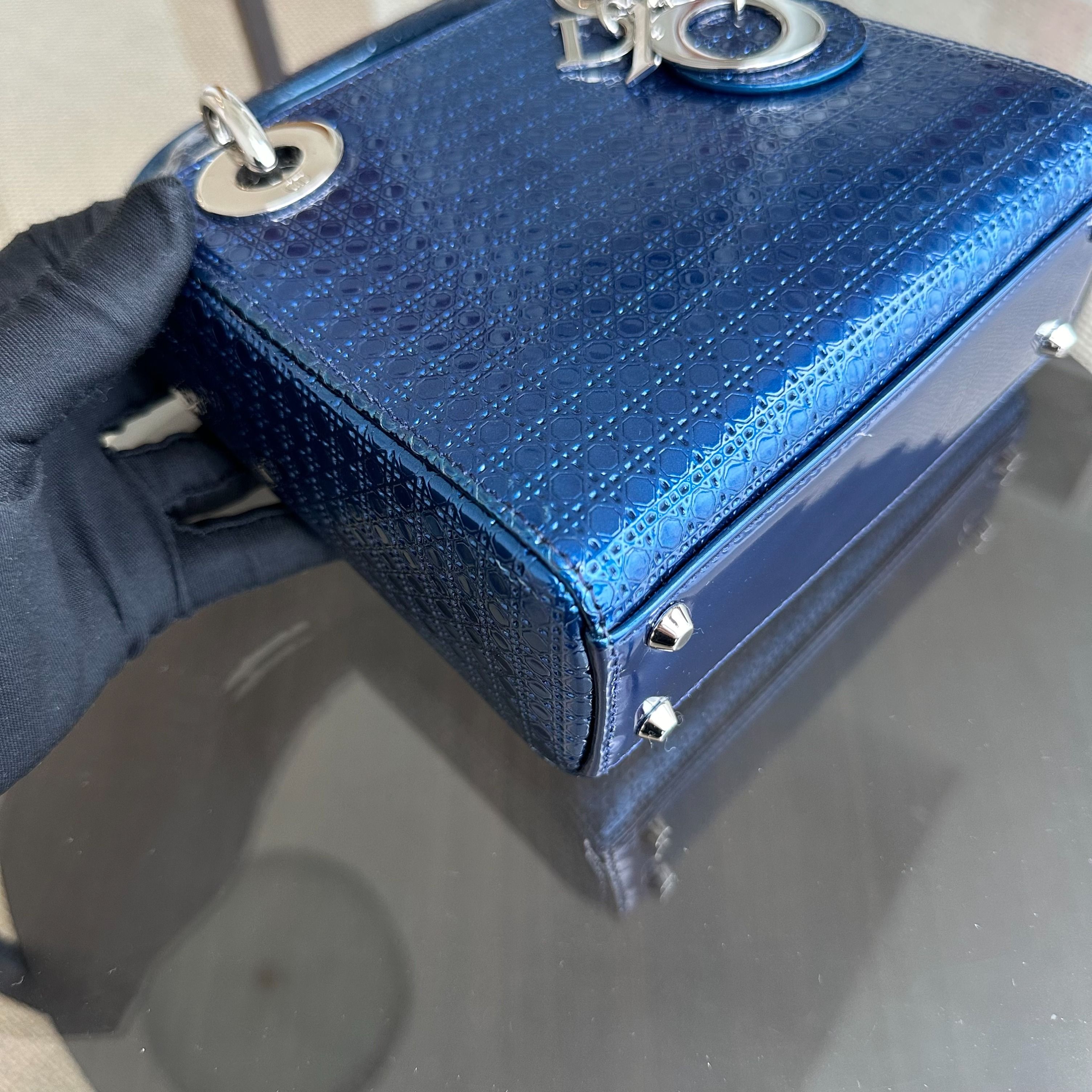 Dior Lady Mini Micro-Cannage Glazed Calfskin Blue SHW - Luxury Evermore