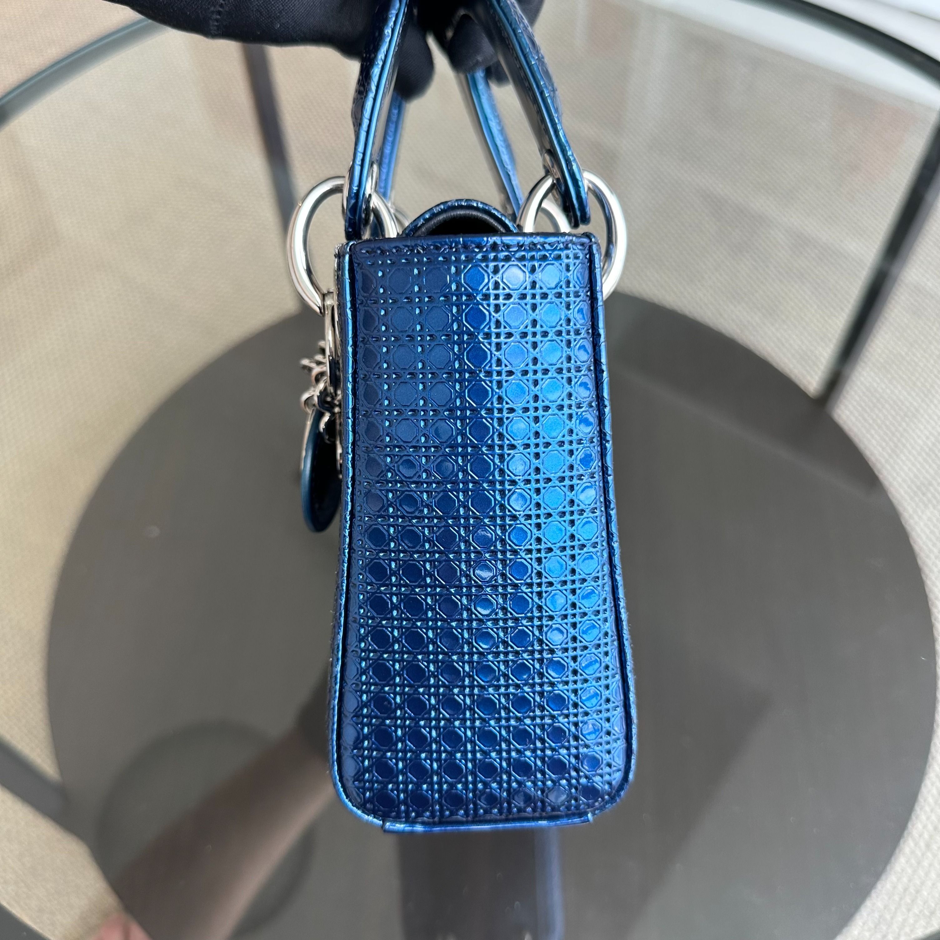 Dior Lady Mini Micro-Cannage Glazed Calfskin Blue SHW - Luxury Evermore