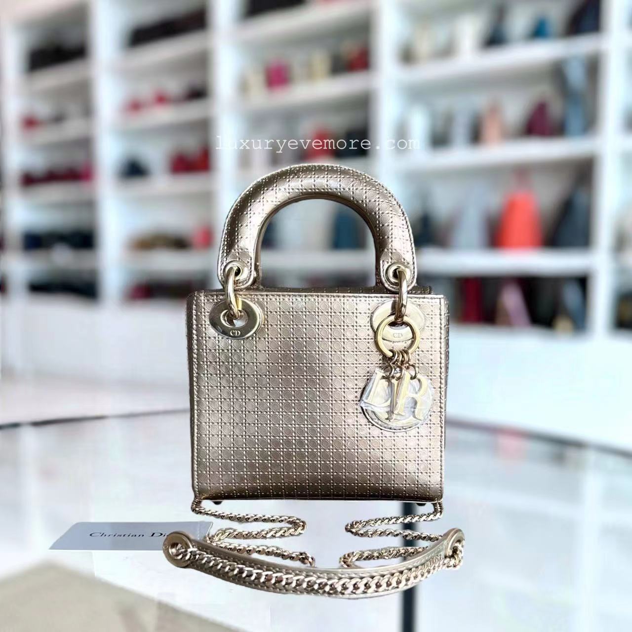 Dior Lady Mini Micro Cannage Glazed Calfskin Gold Bronze Golden Hardware Chain Strap - Luxury Evermore