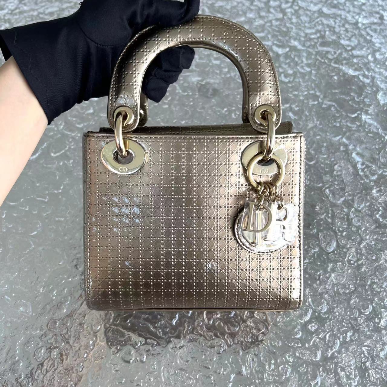 Dior Lady Mini Micro Cannage Glazed Calfskin Gold Bronze Golden Hardware Chain Strap - Luxury Evermore