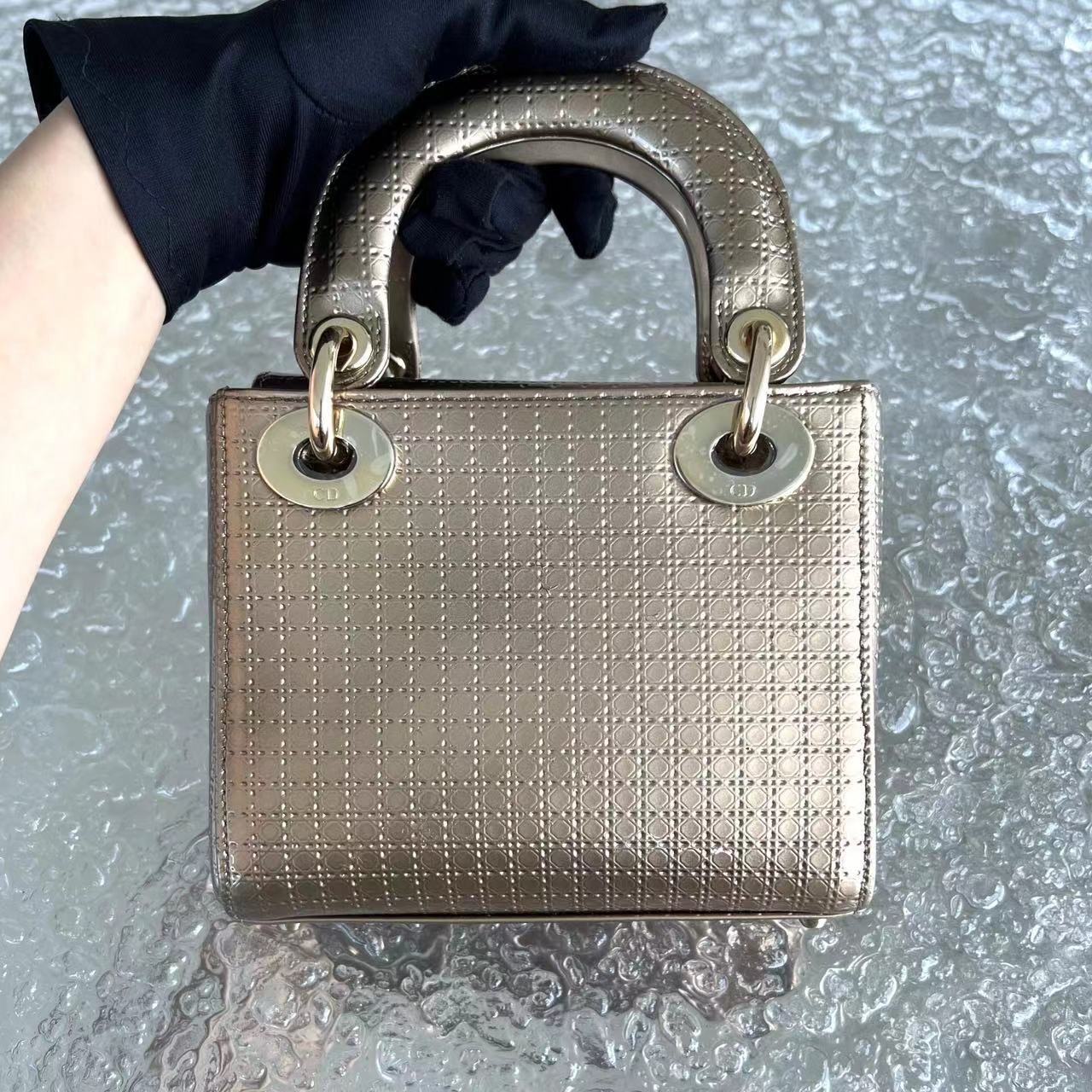 Dior Lady Mini Micro Cannage Glazed Calfskin Gold Bronze Golden Hardware Chain Strap - Luxury Evermore