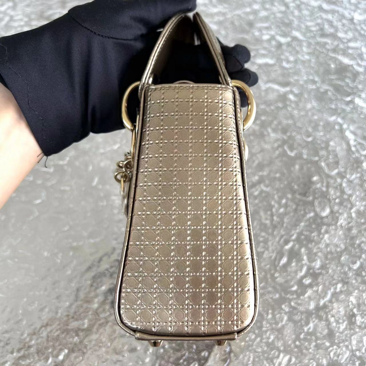 Dior Lady Mini Micro Cannage Glazed Calfskin Gold Bronze Golden Hardware Chain Strap - Luxury Evermore