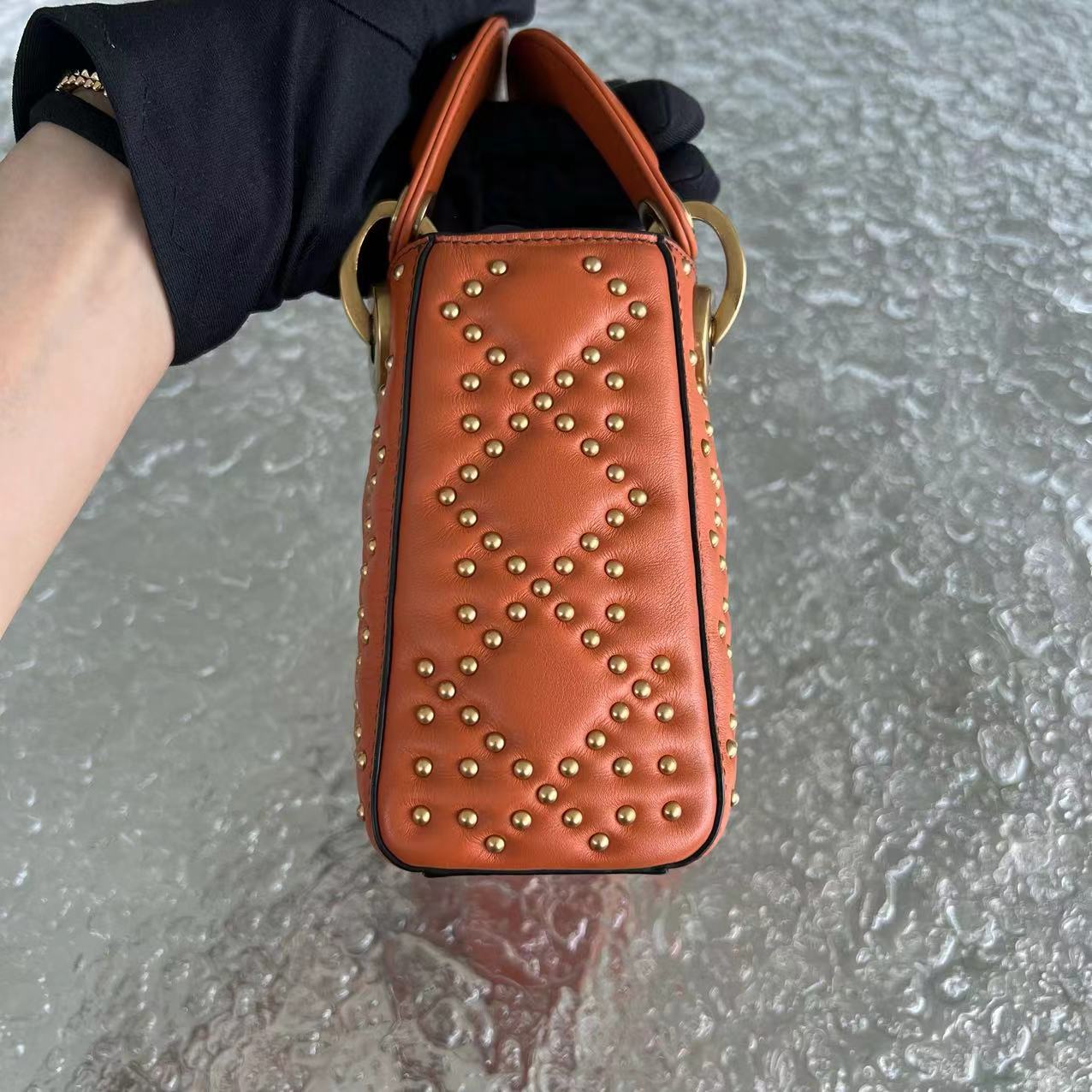 Dior Lady Mini Studded Calfskin Caramel Golden Hardware - Luxury Evermore