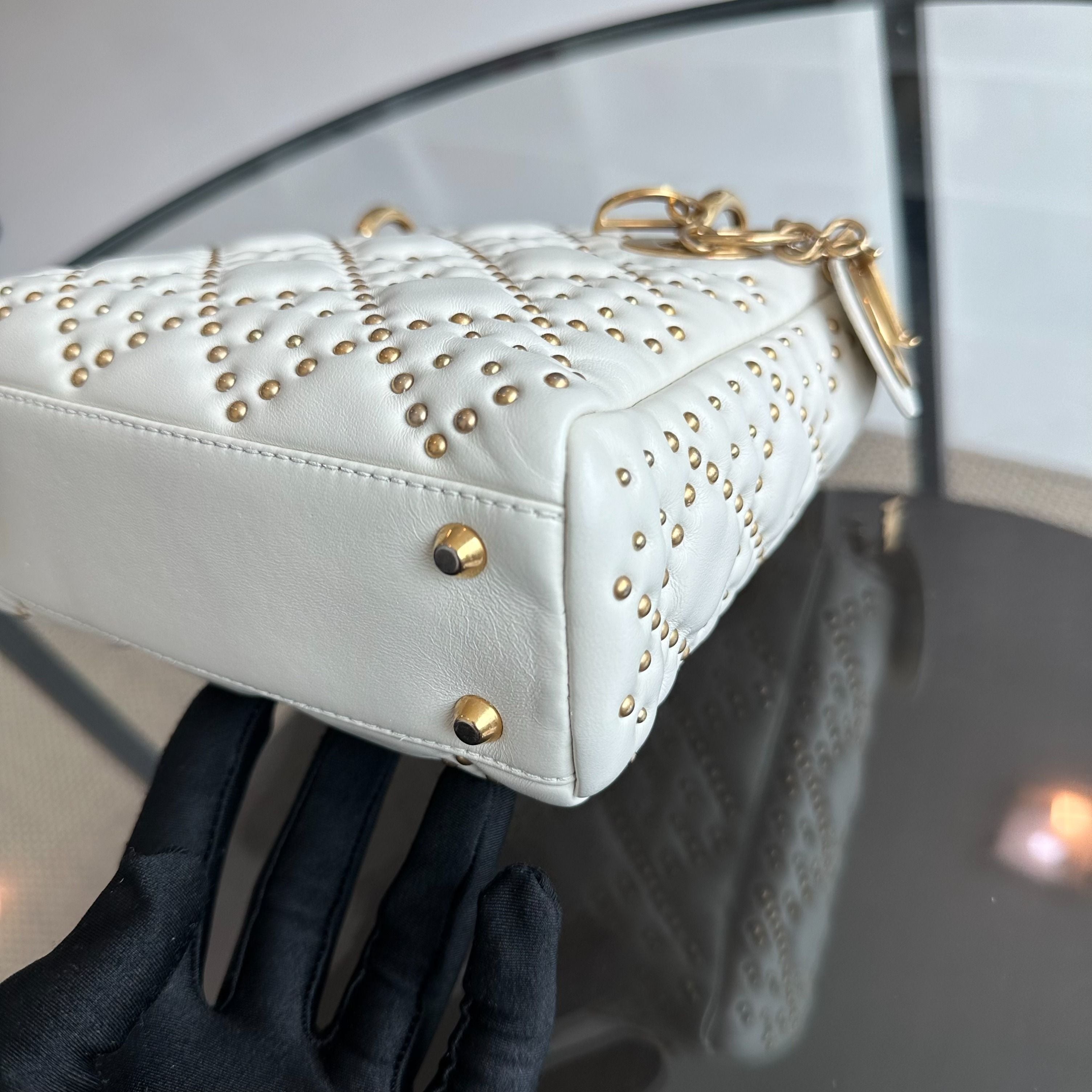 Dior Lady Mini Studded Calfskin White GHW - Luxury Evermore