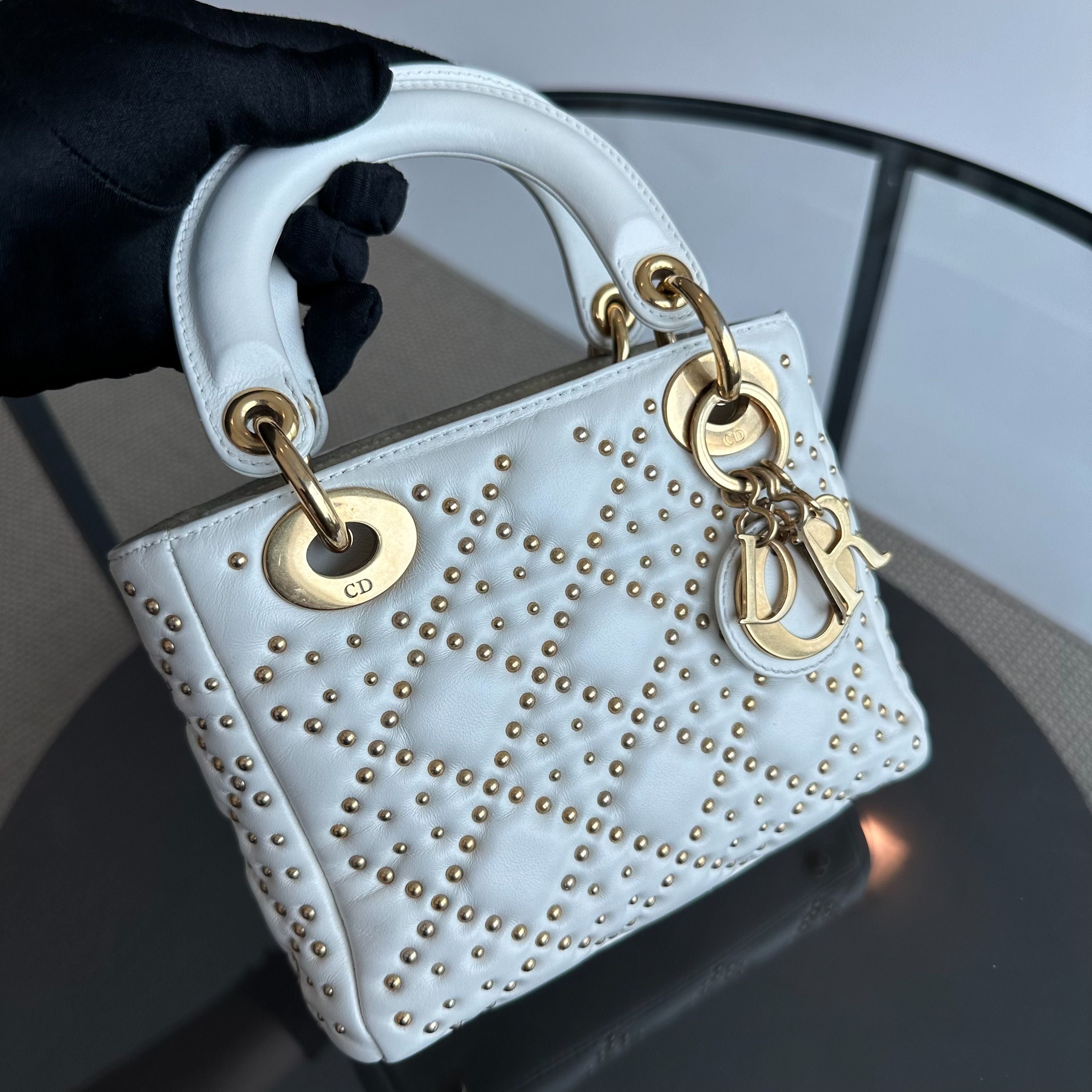 Dior Lady Mini Studded Calfskin White GHW - Luxury Evermore