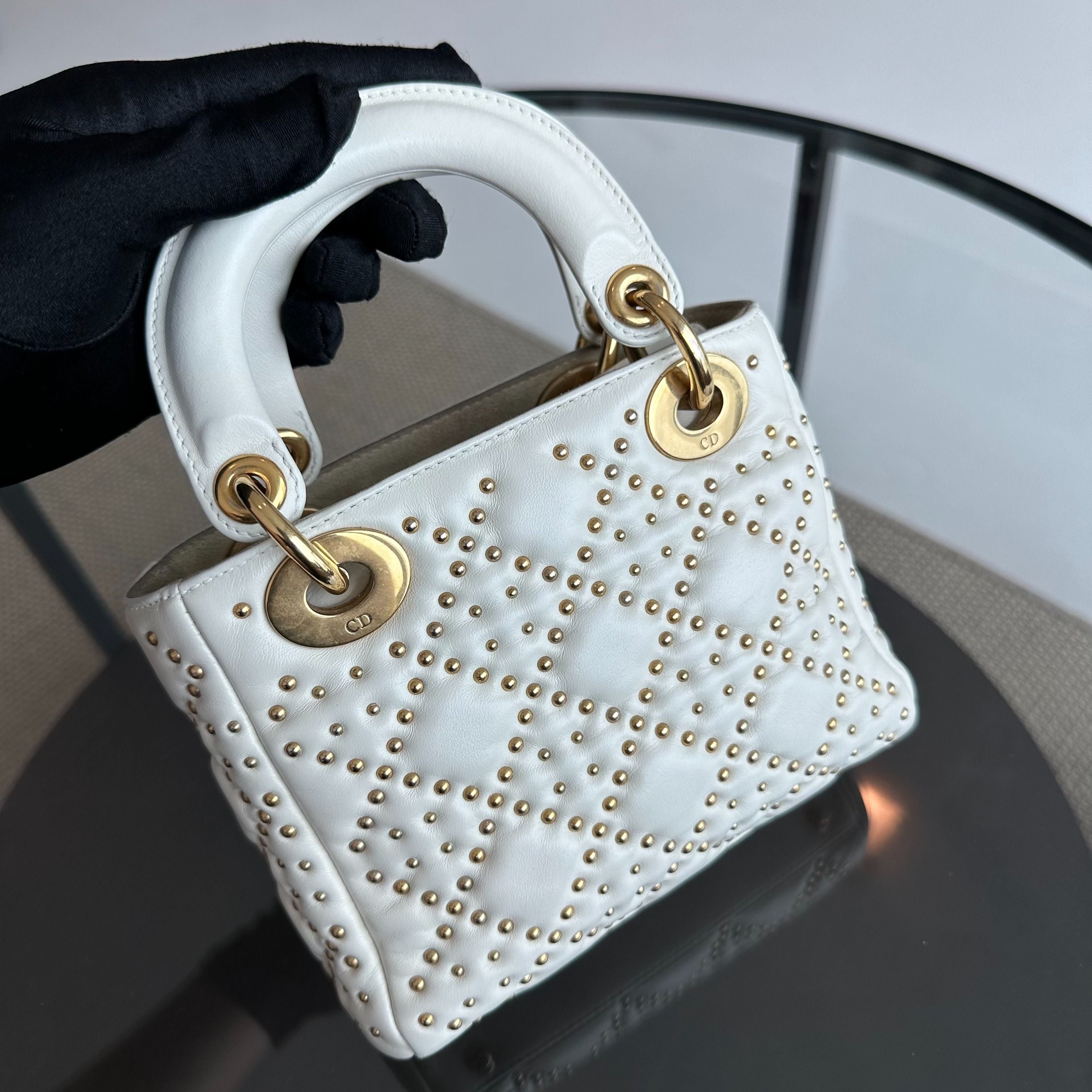 Dior Lady Mini Studded Calfskin White GHW - Luxury Evermore