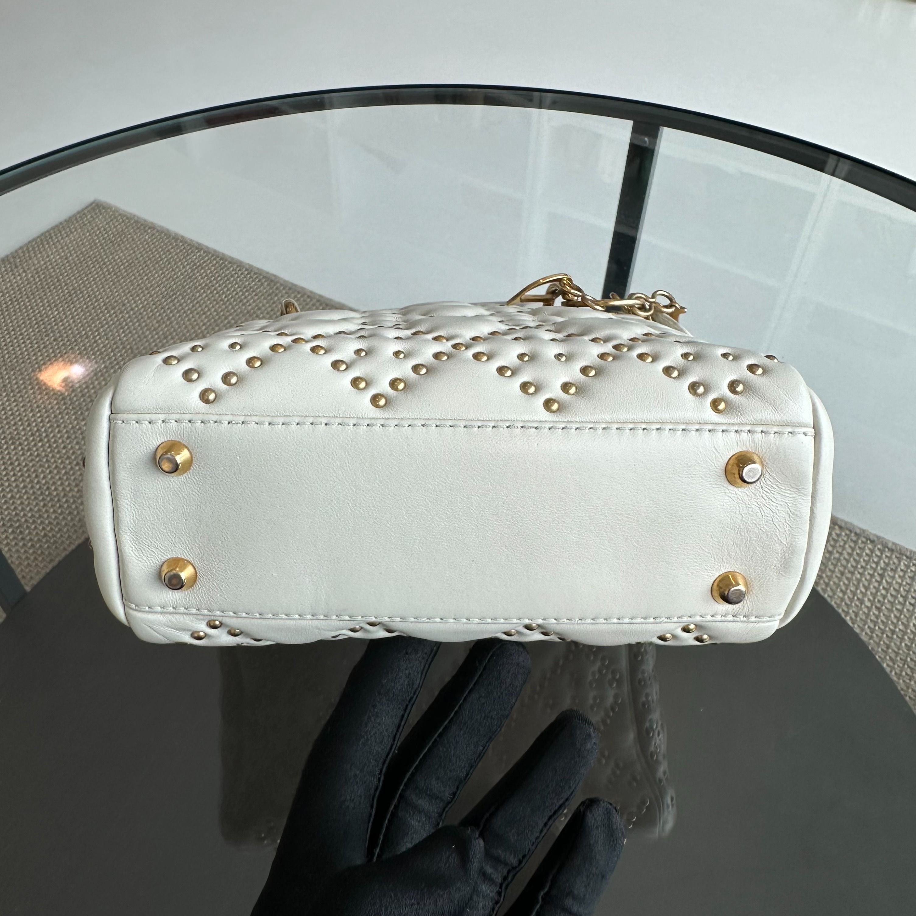 Dior Lady Mini Studded Calfskin White GHW - Luxury Evermore