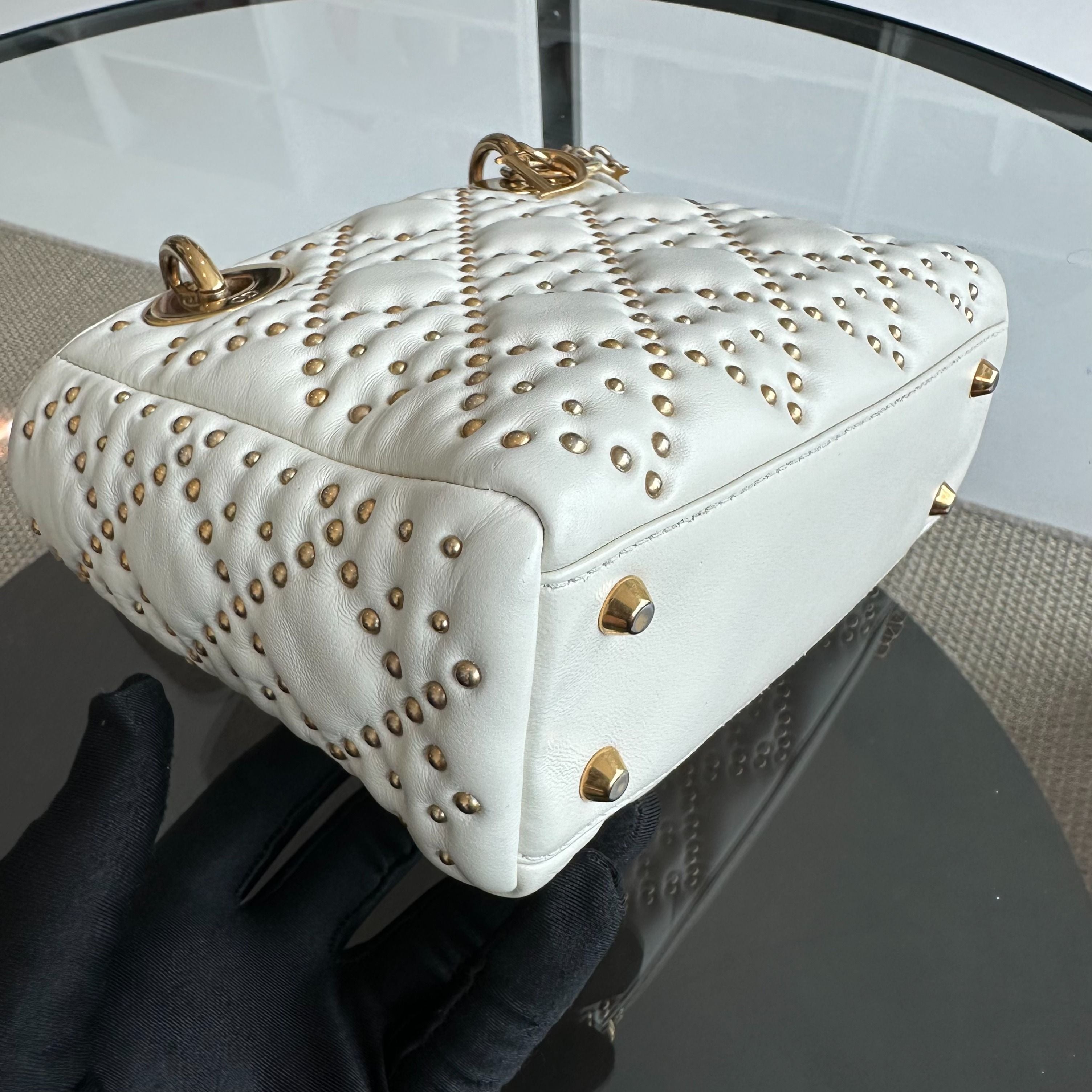 Dior Lady Mini Studded Calfskin White GHW - Luxury Evermore