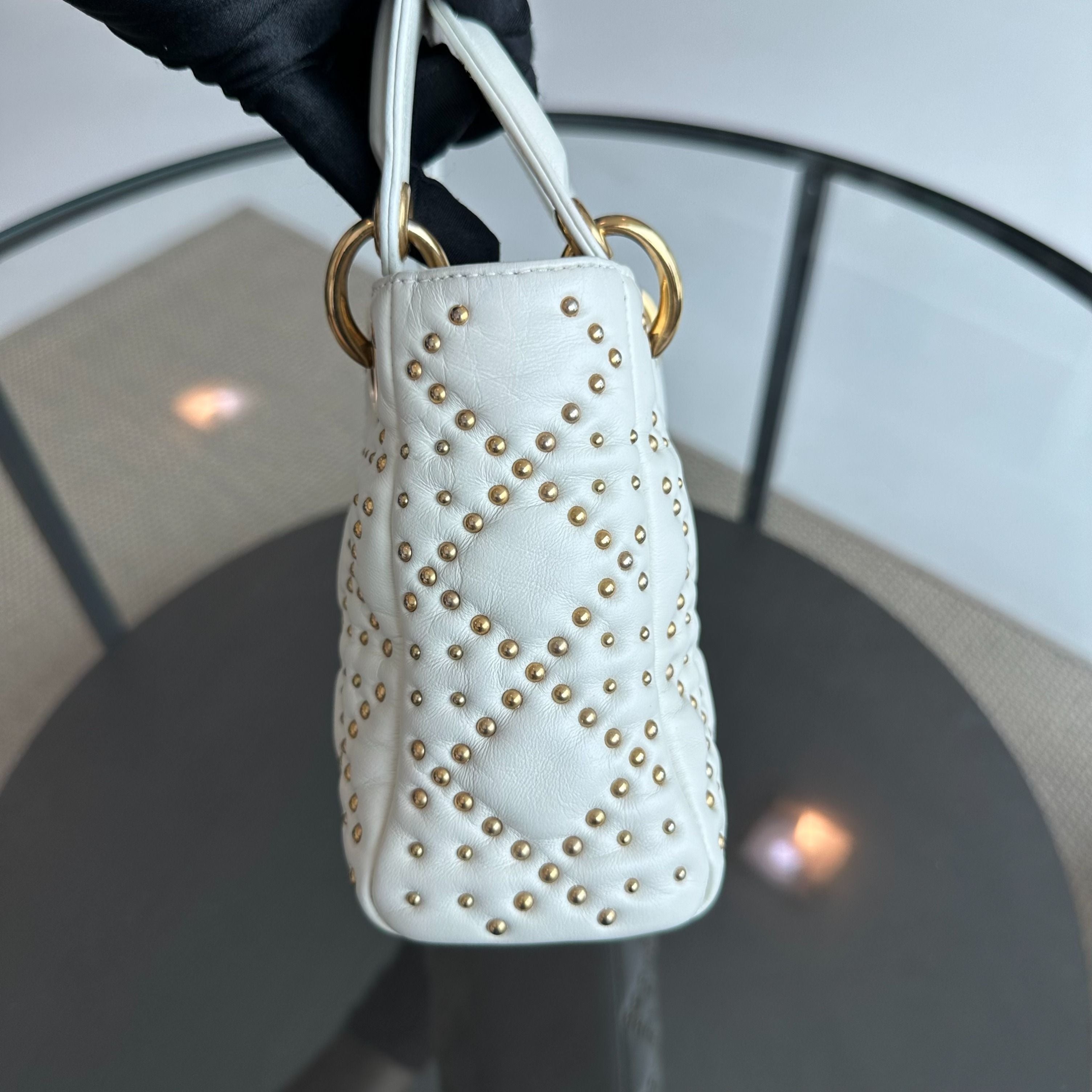 Dior Lady Mini Studded Calfskin White GHW - Luxury Evermore