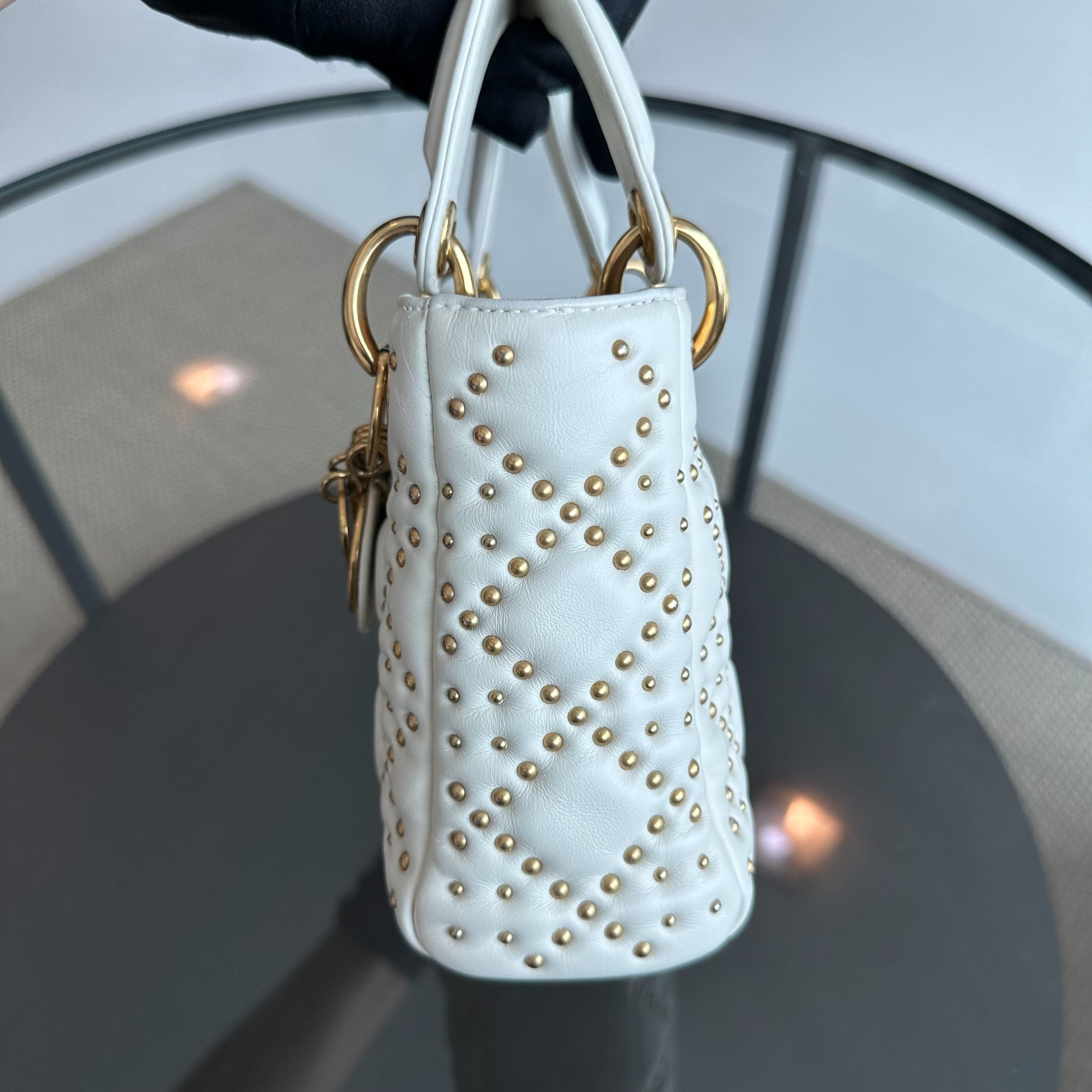 Dior Lady Mini Studded Calfskin White GHW - Luxury Evermore