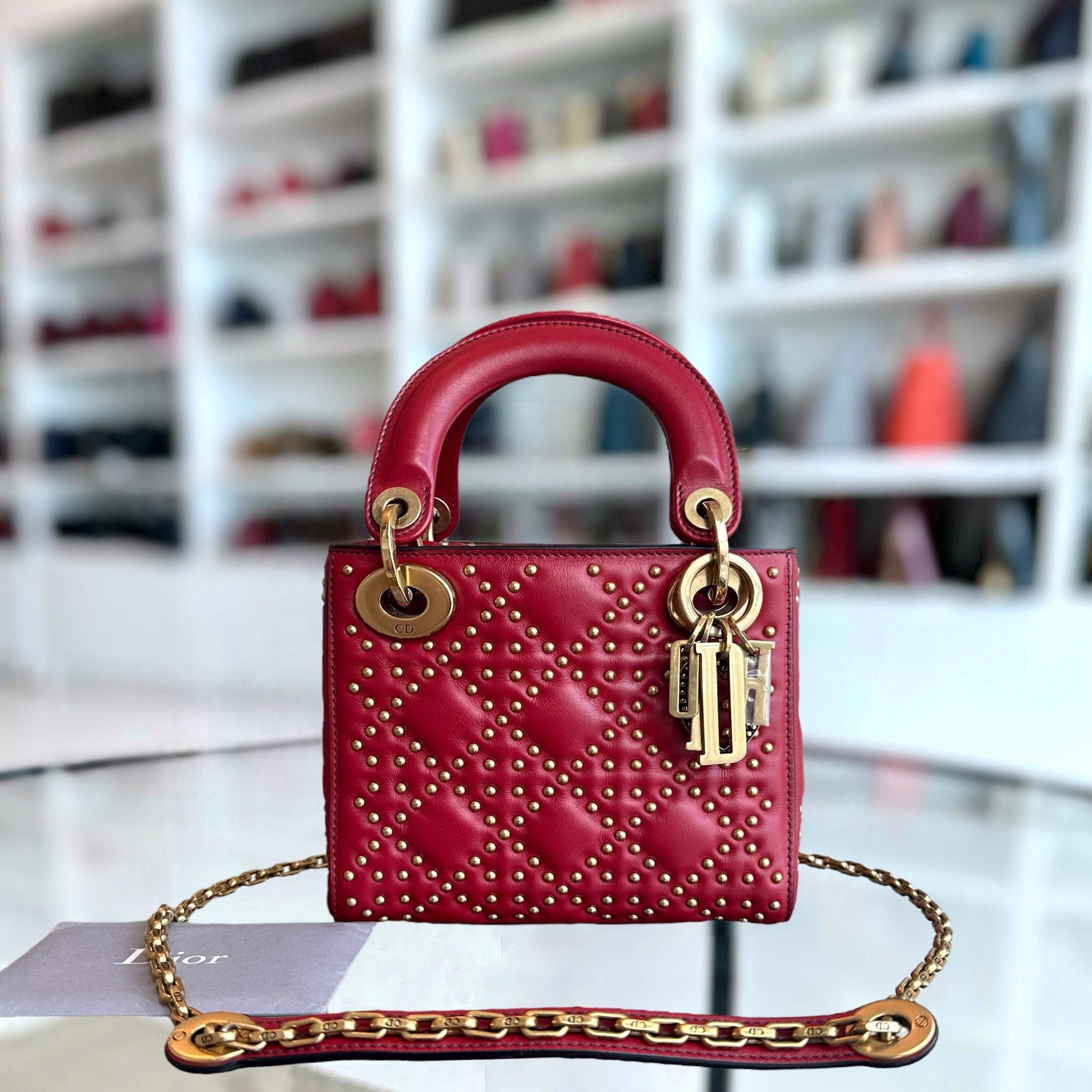 Dior Lady Mini Studded Cannage Calfskin Red AGHW - Luxury Evermore