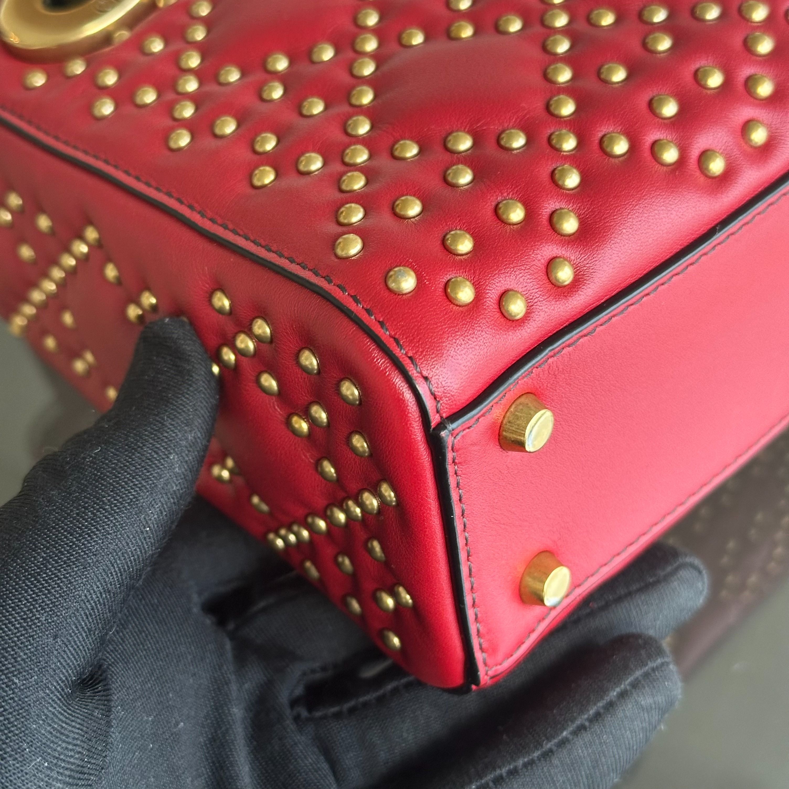 Dior Lady Mini Studded Cannage Calfskin Red AGHW - Luxury Evermore