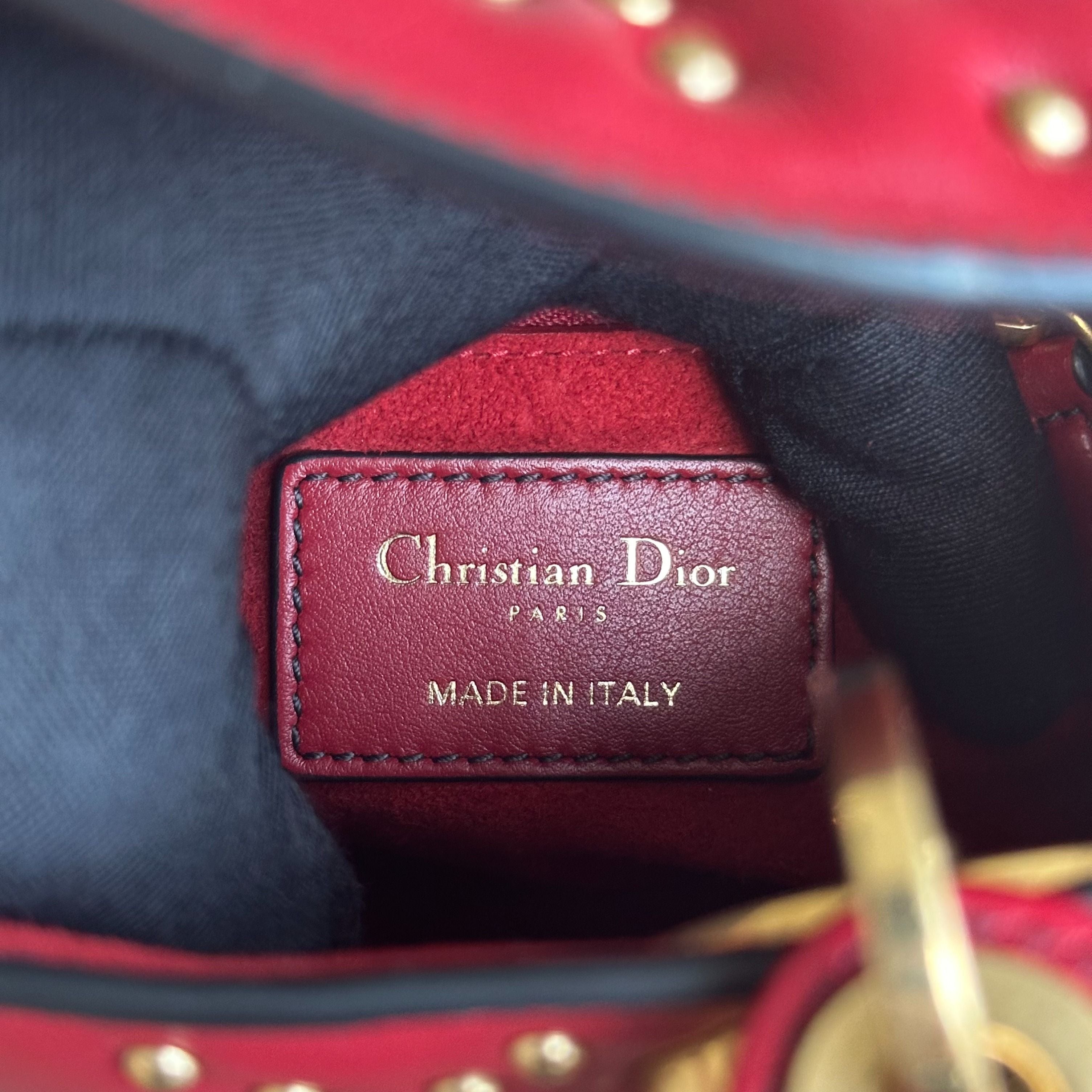 Dior Lady Mini Studded Cannage Calfskin Red AGHW - Luxury Evermore