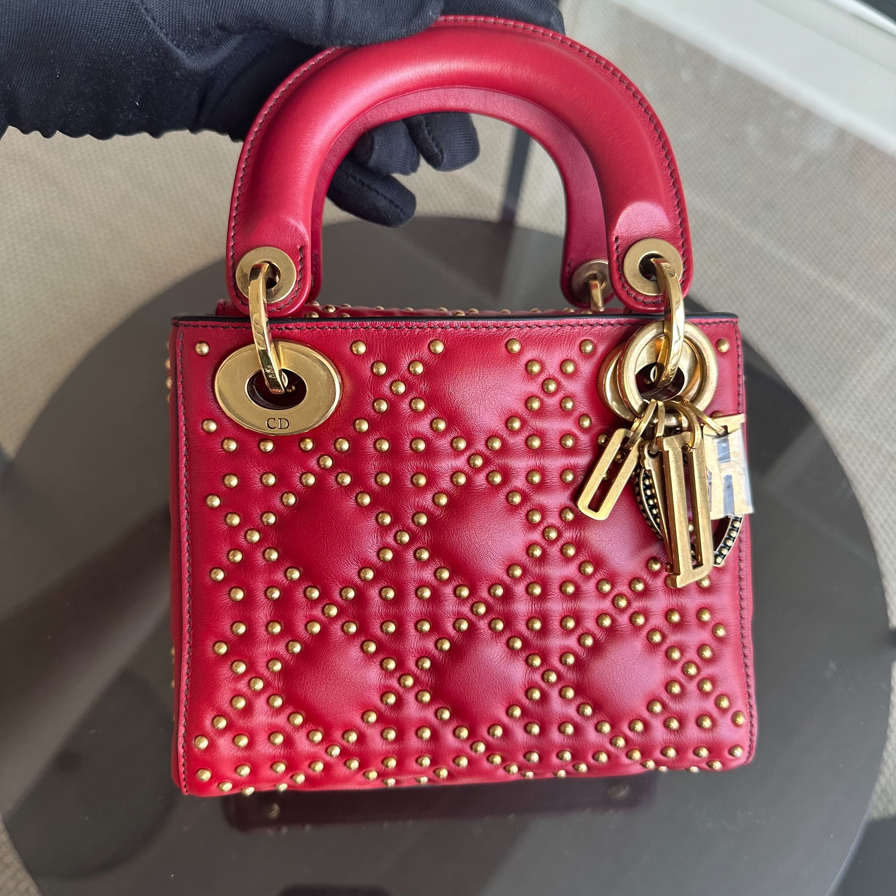 Dior Lady Mini Studded Cannage Calfskin Red AGHW - Luxury Evermore